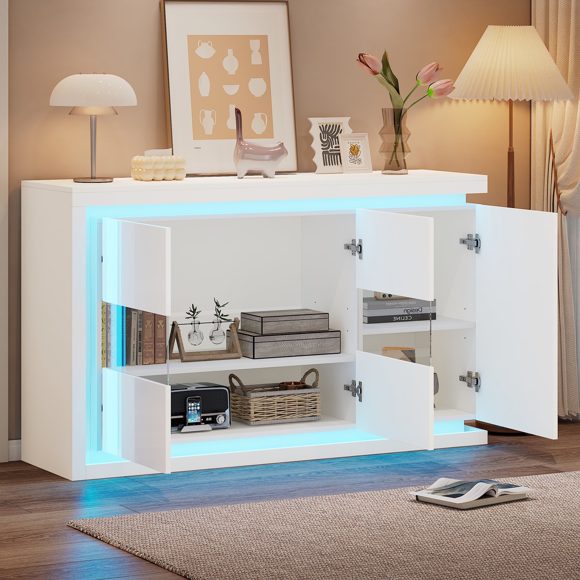 Living Room Cabinet, 140cm, 4 Compartments, High-Gloss, LED, Tempered Glass Doors