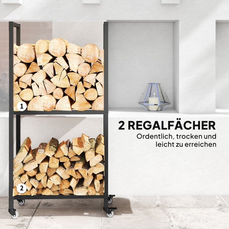 Indoor Firewood Rack 2 Levels With Wheels Steel - Black