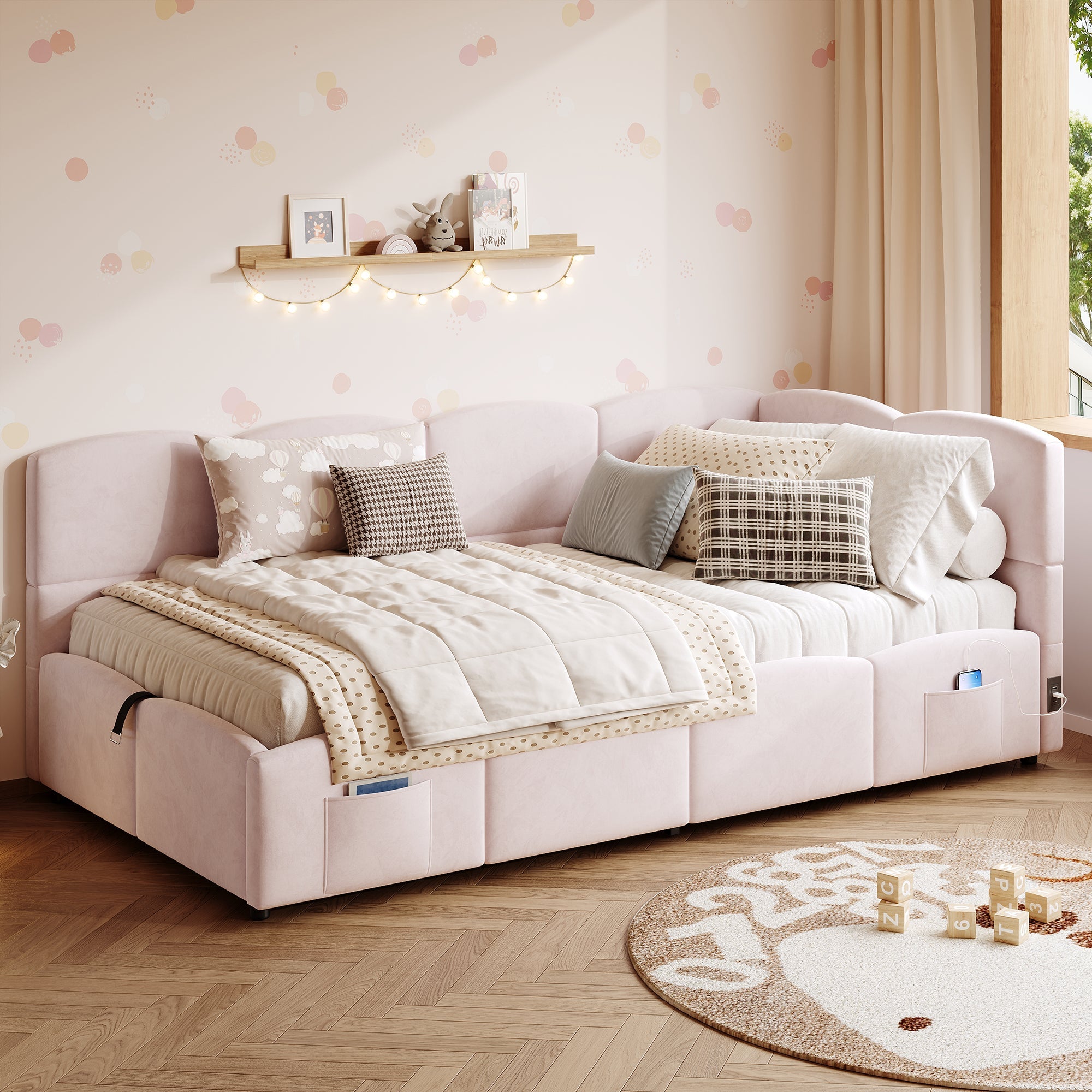 Upholstered Bed with USB Charger and Storage, 90x200cm, Pink Velvet
