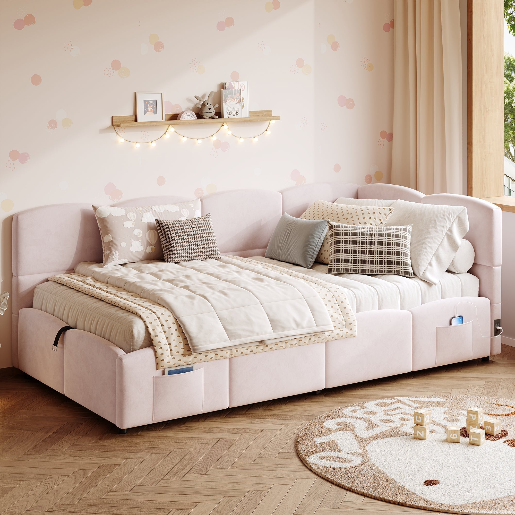 Upholstered Bed with USB Charger and Storage, 90x200cm, Pink Velvet