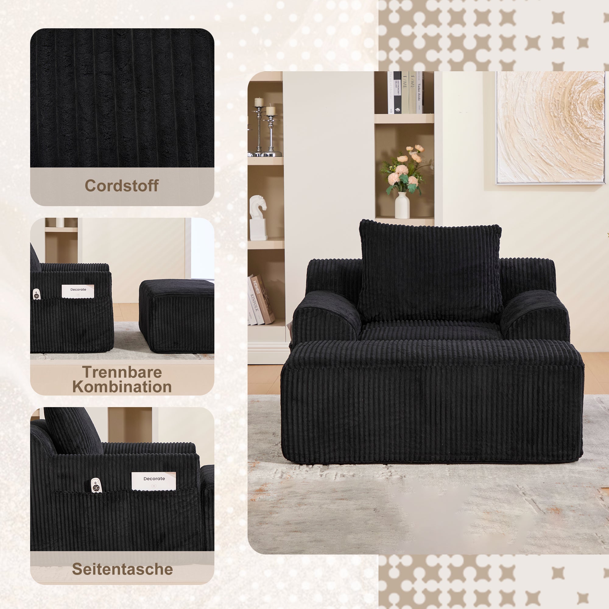 Oversized Sofa Chair, Deep Seat Boneless Upholstered with Side Pockets, Corduroy