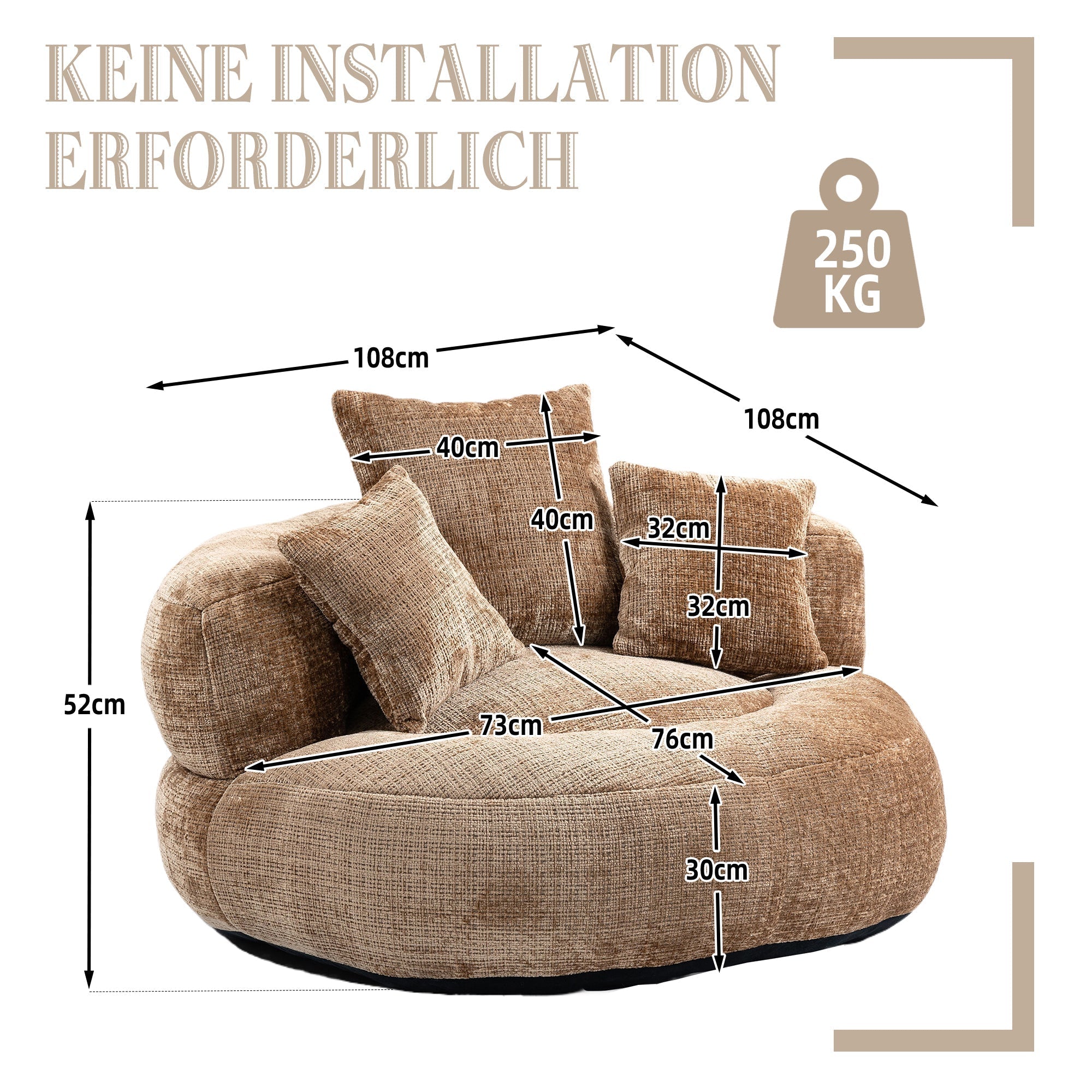 Lazy Sofa Durable High Back Bean Bag Chair Couch with Three Cushions, Coffee Chenille