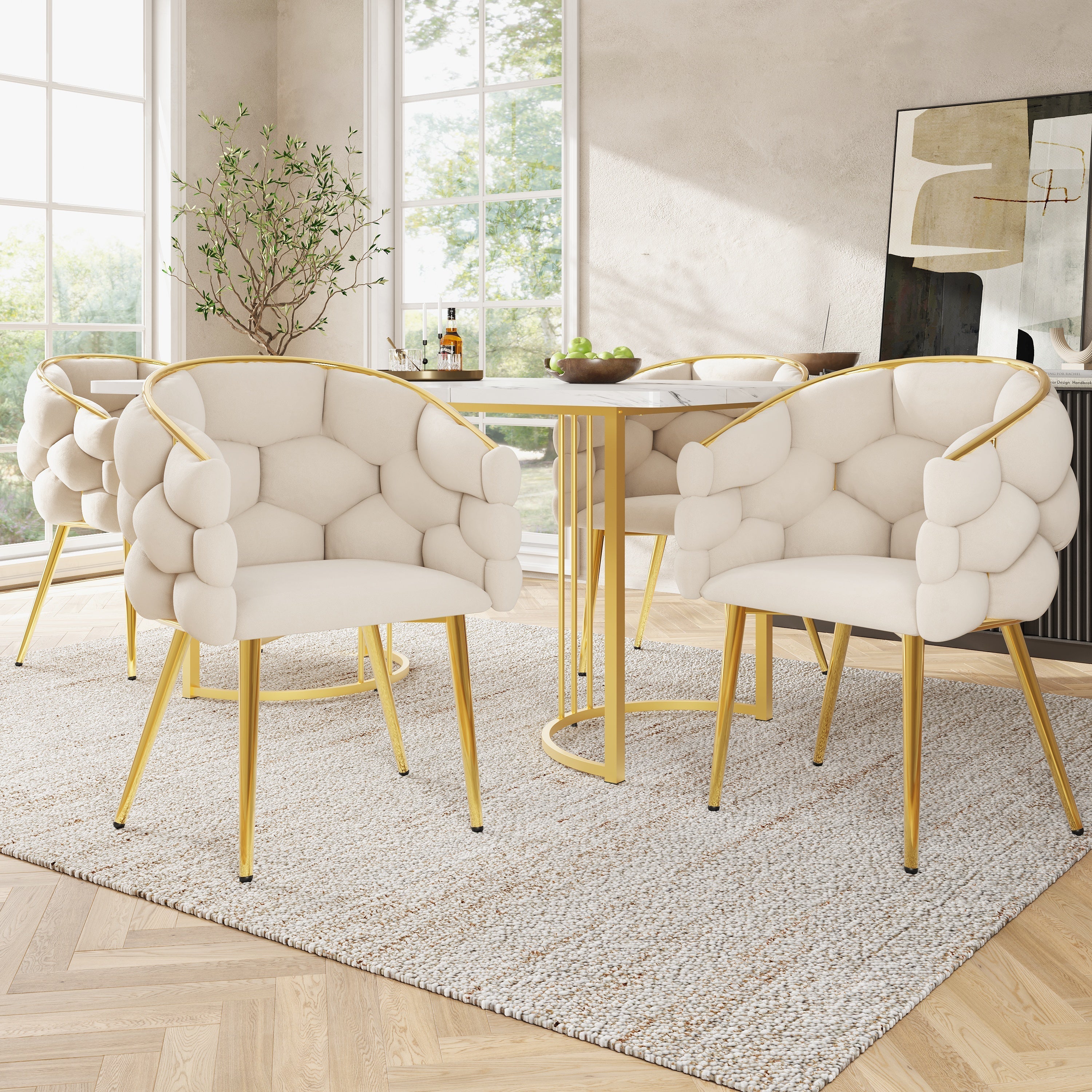 Velvet Chairs Set of 4 Modern Gold Legs - Beige