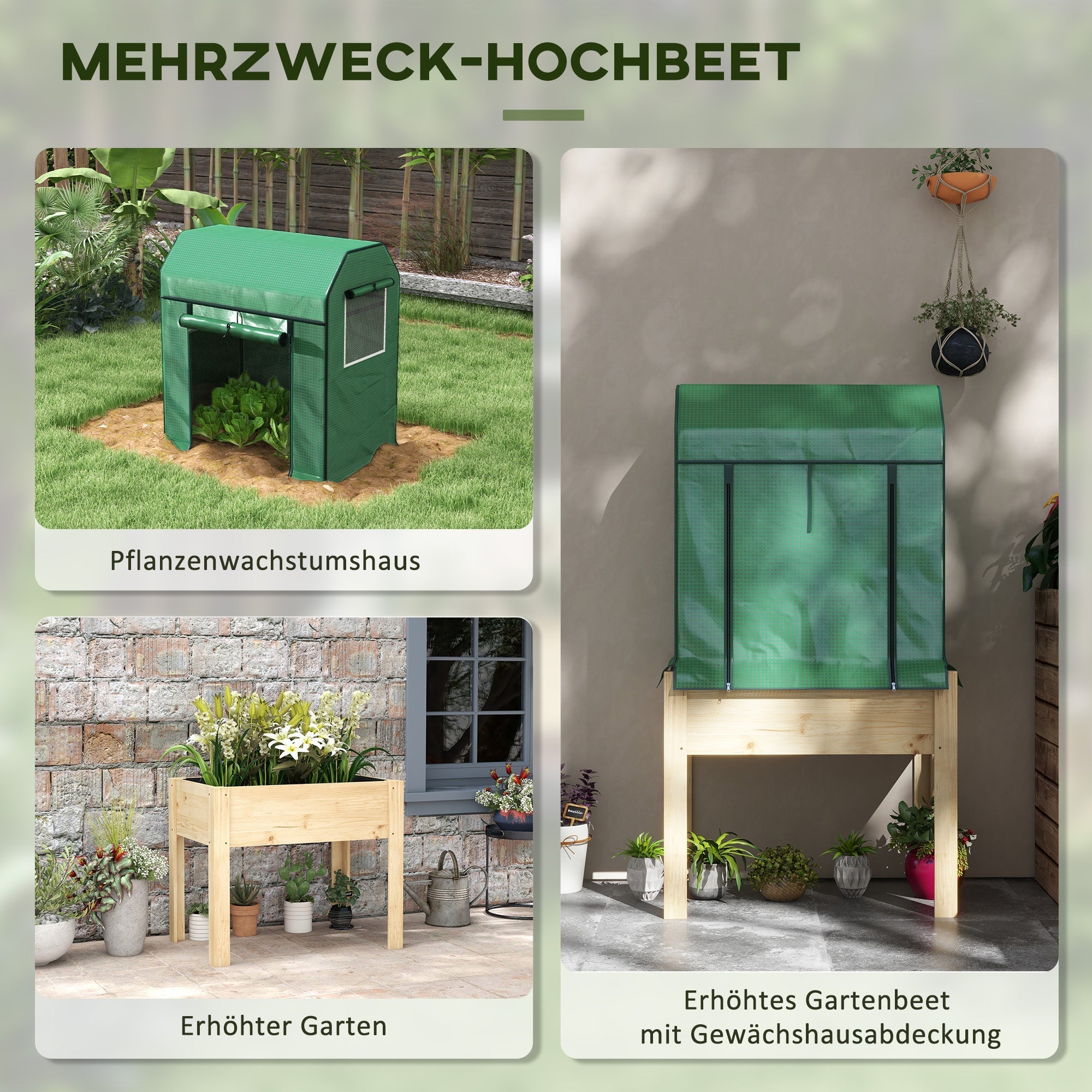 Hochbeet mit Gewächshaus, Frühbeet für Kräuter & Gemüse, Holz Natur/Grün