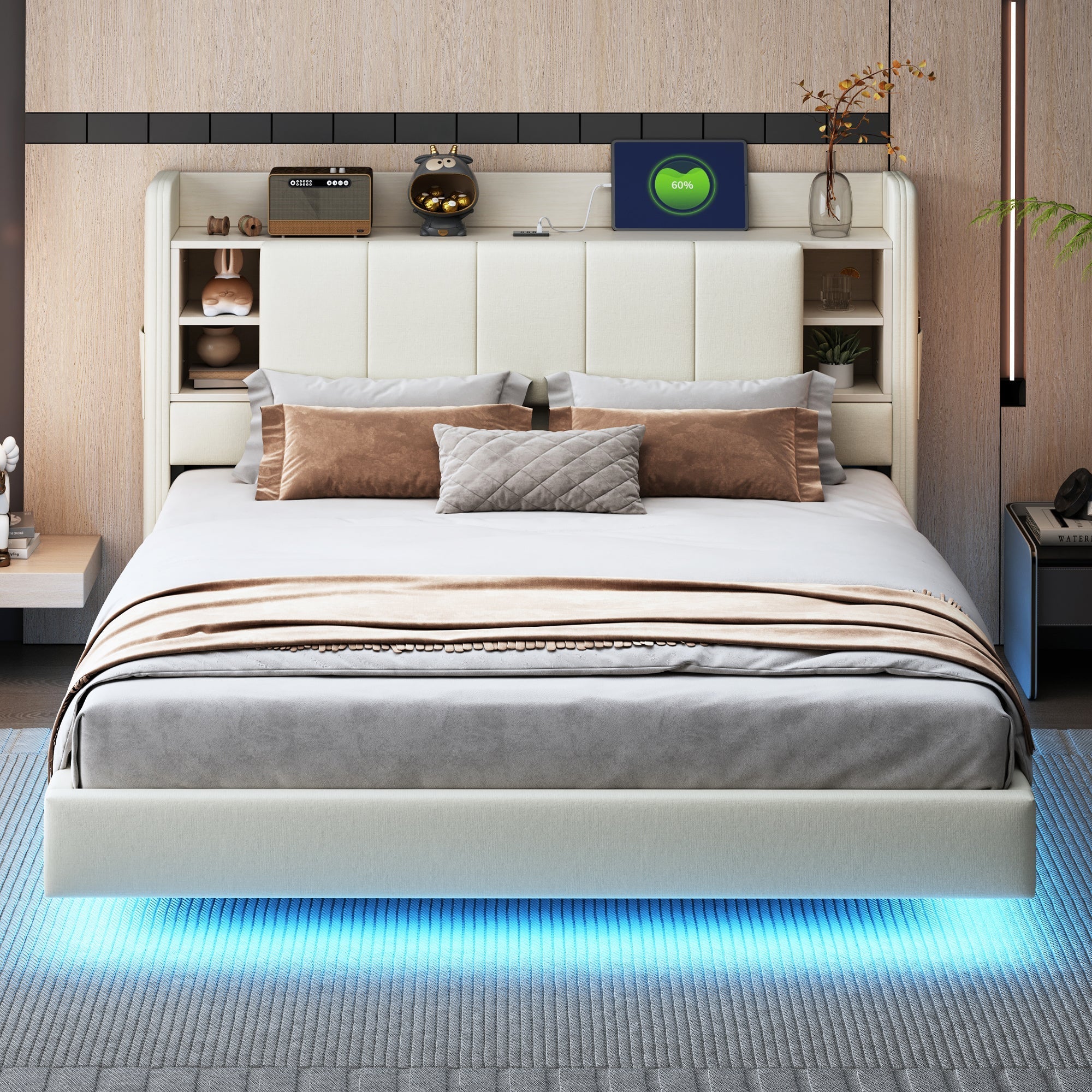 Upholstered Bed 160 x 200 cm, USB Socket, Light Strip, Reversible Headboard, Beige Linen Fabric