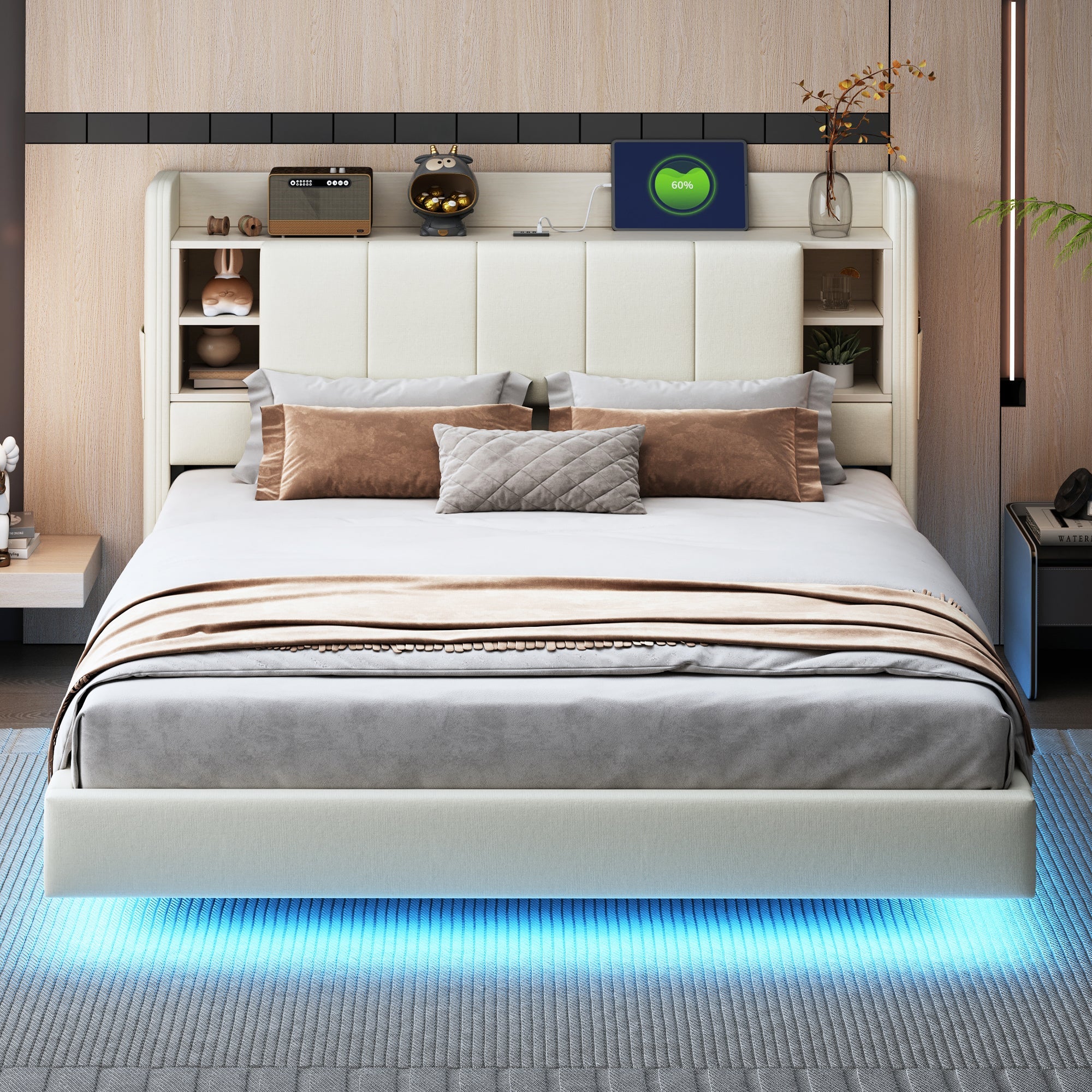 Upholstered Bed 160x200cm, USB Socket, LED Light, Reversible Headboard Storage, Linen Beige