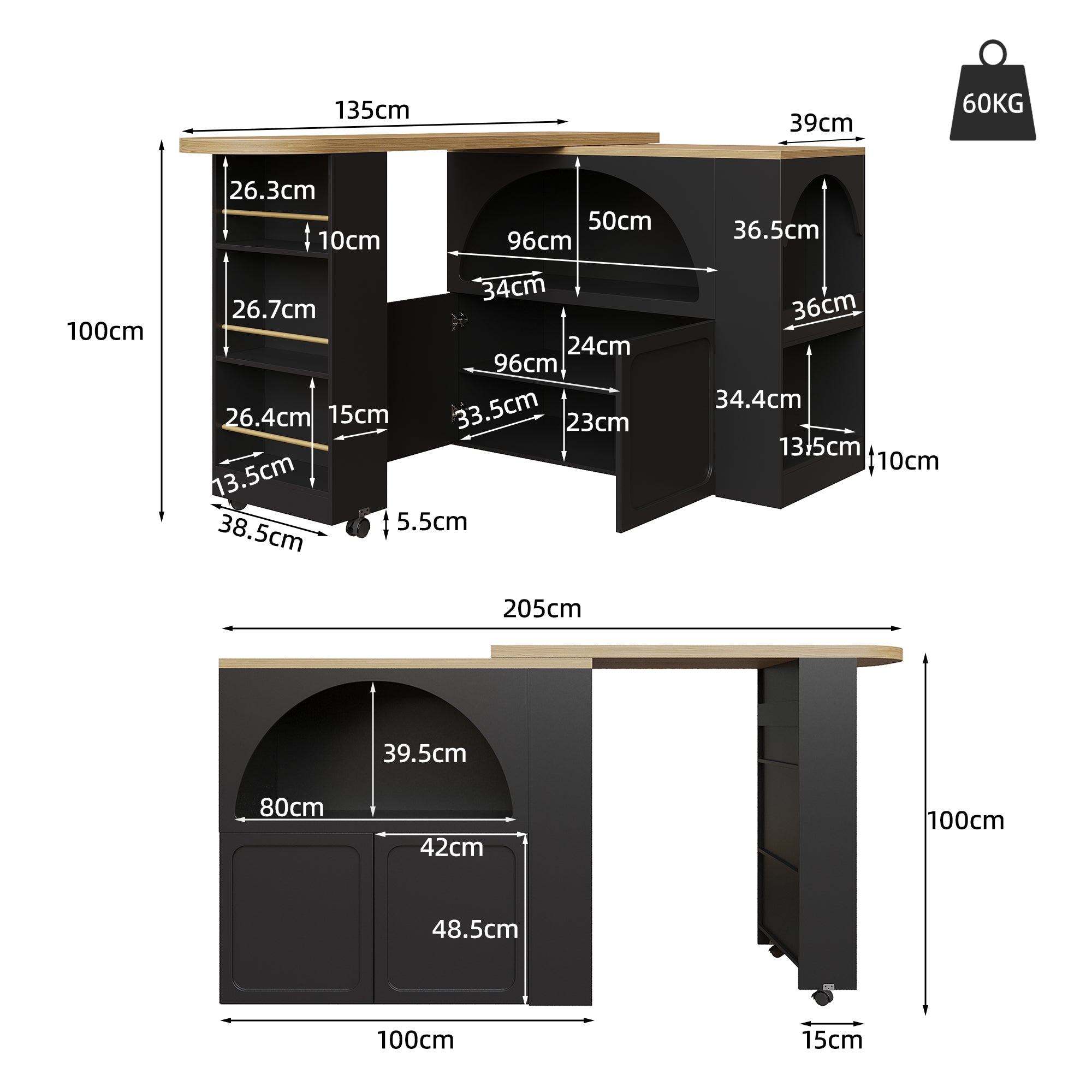 Extendable Bar Table with Storage, Movable, LED Lighting, Black