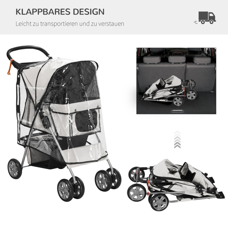 Dog Buggy, Foldable Rain Cover 2 Cup Holders, Grey