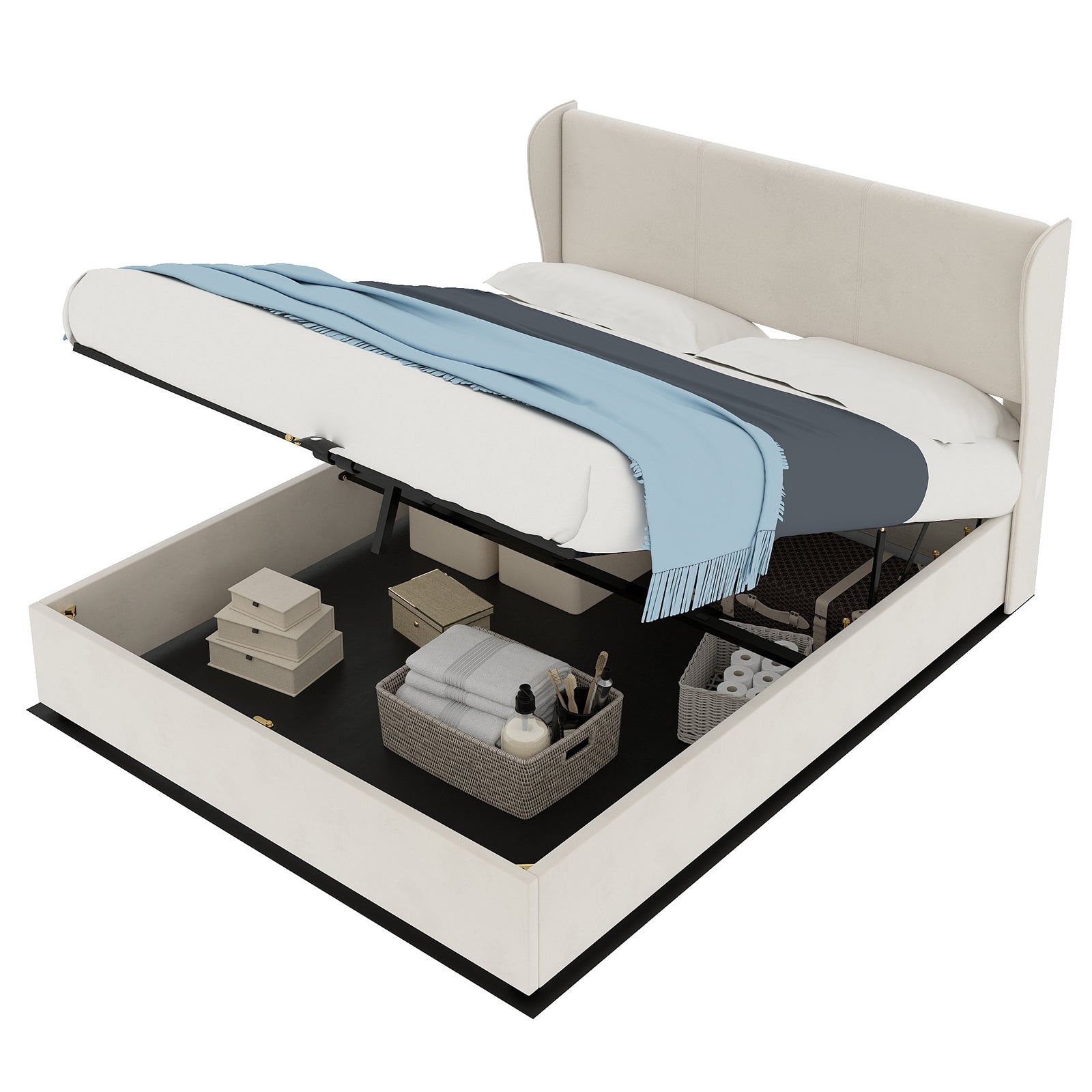 Modern Minimalist Upholstered Bed, 140x200 cm with Gas Lift Storage and Headboard, Beige