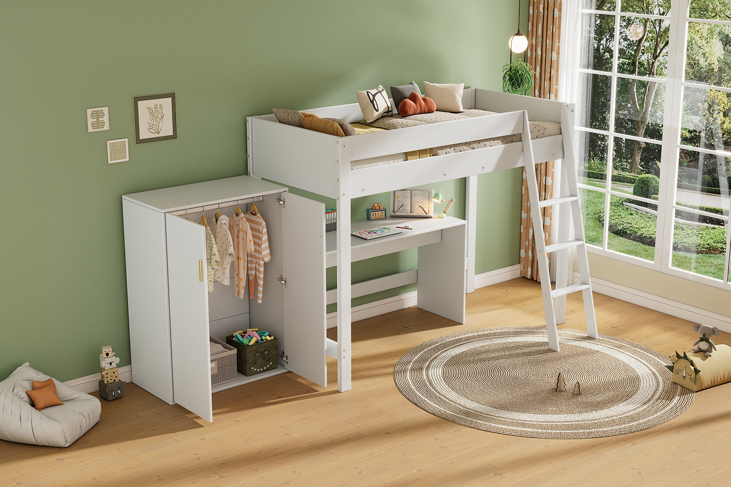 Children's Loft Bed 90x200cm Multifunctional Desk Wardrobe Solid Wood - White