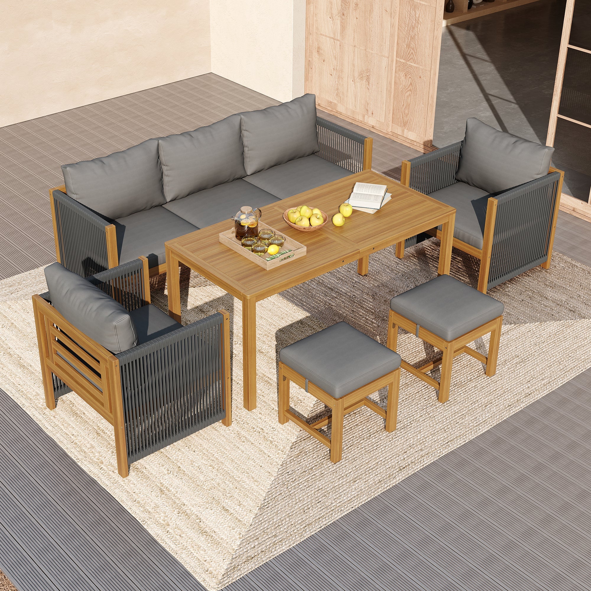 Sofa Dining Set with Sofa, Stools and Acacia Tabletop, Grey