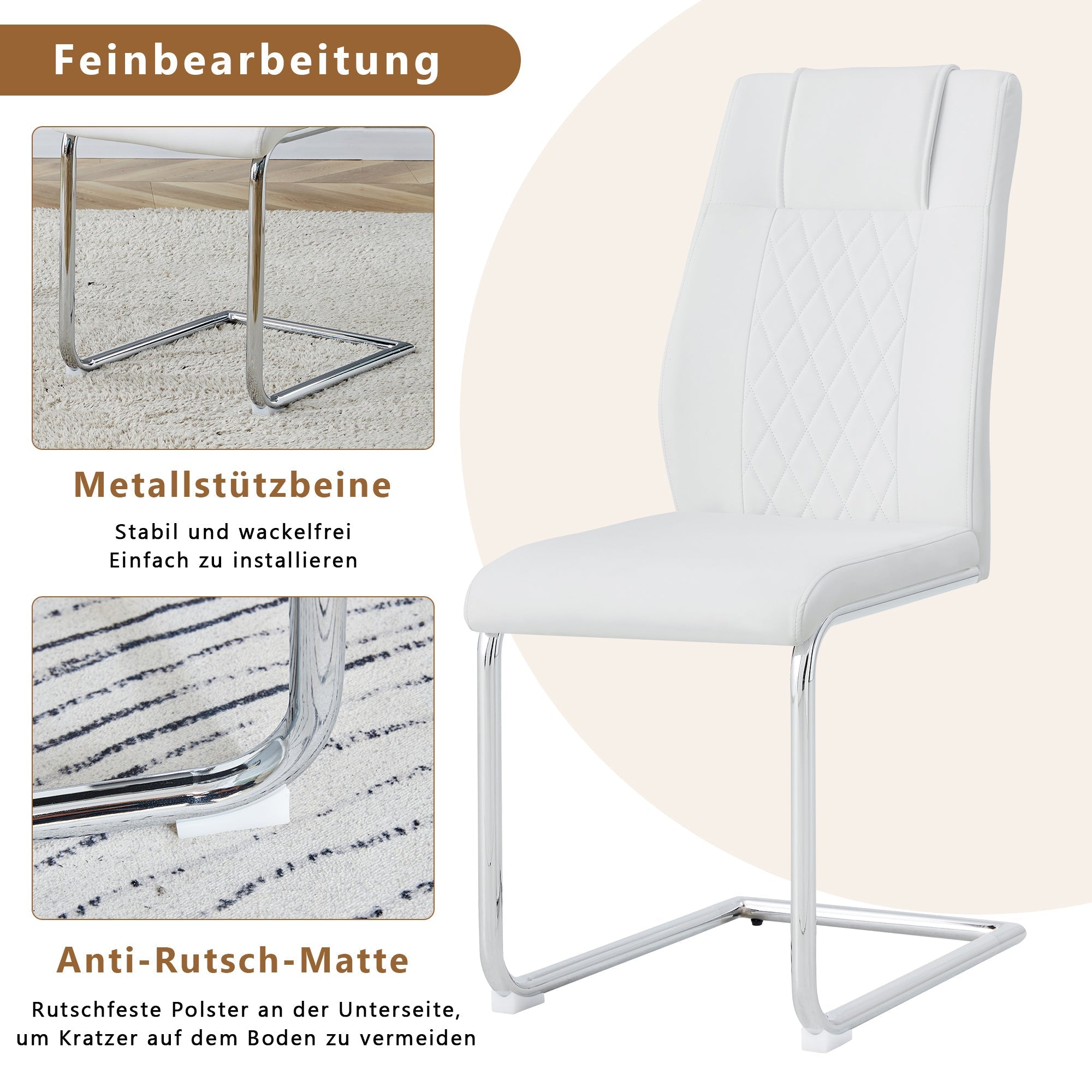 Scandinavian Dining Chairs Set of 4 Mesh Back Metal Legs - White PU