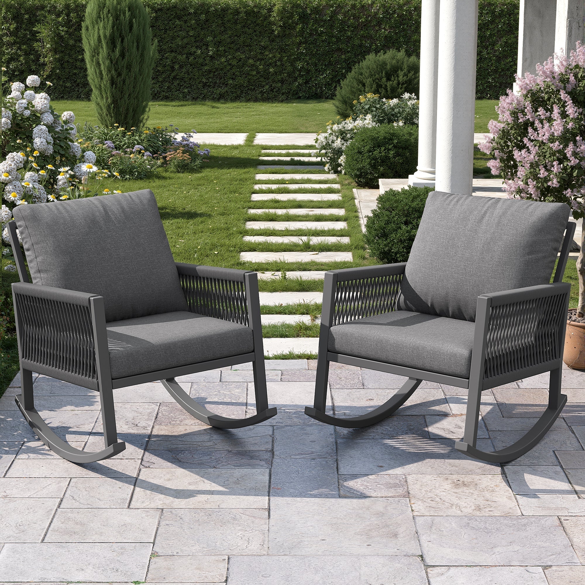 Outdoor Rocking Chair with Cross-Rope Weaving and Weatherproof Metal Frame, Grey Metal