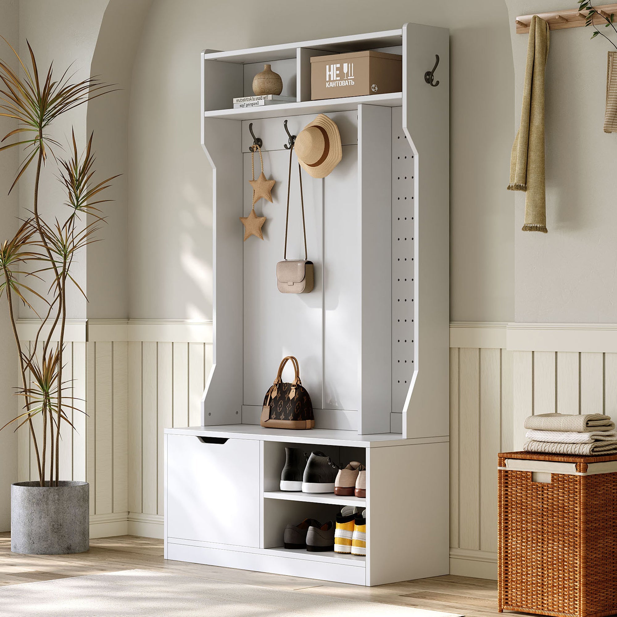 Wardrobe Set Hallway with Bench 6 Hooks 1 Door 4 Storage - White