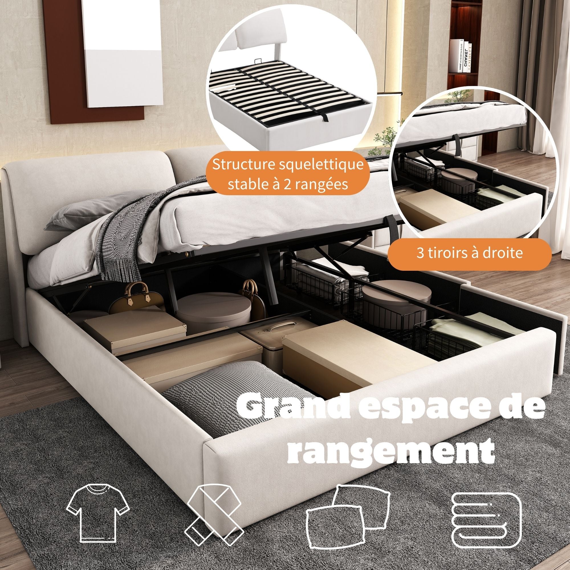 Upholstered Bed 140x200 Hydraulic Storage with 3 Drawers and Headboard, Velvet Beige