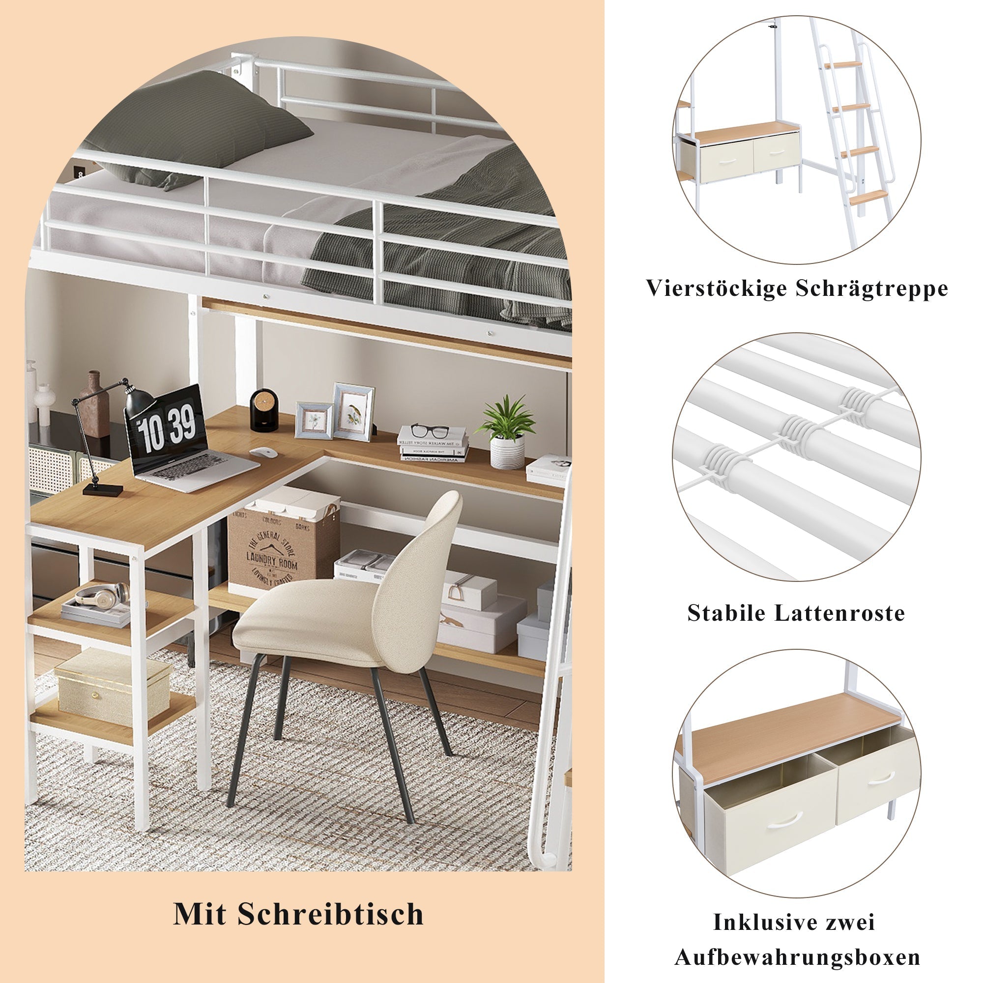 Loft Bed with Desk, Storage, Slanted Staircase, 90x200cm, Iron/MDF White/Natural