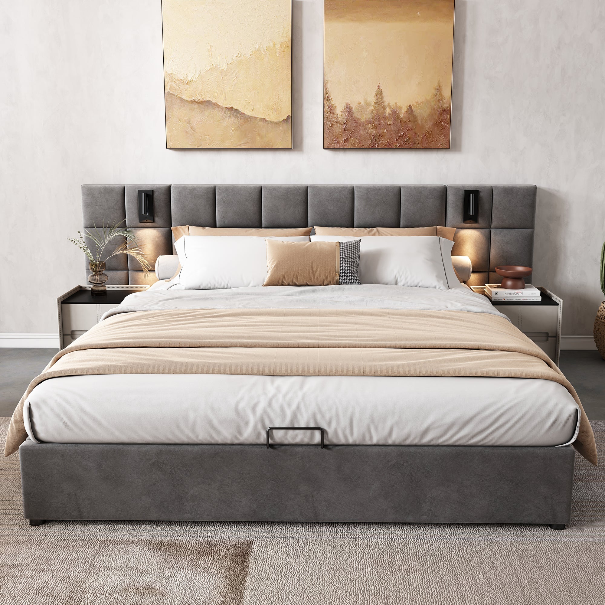 Upholstered Bed with Hydraulic Storage, Lamp and USB Charging, 180x200cm, Grey Velvet