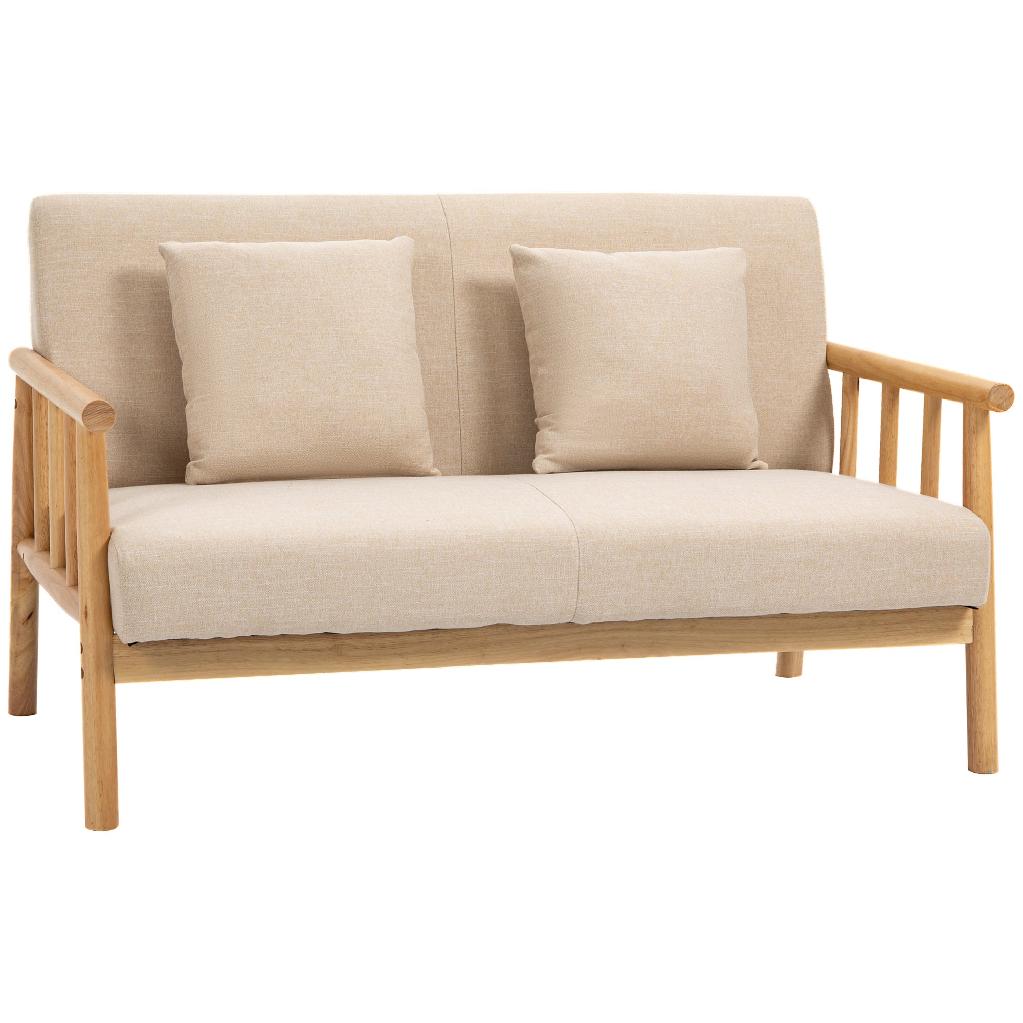 2-Seater Sofa - Upholstered Lumbar Cushions Wooden Frame Small Spaces - Linen Look Beige