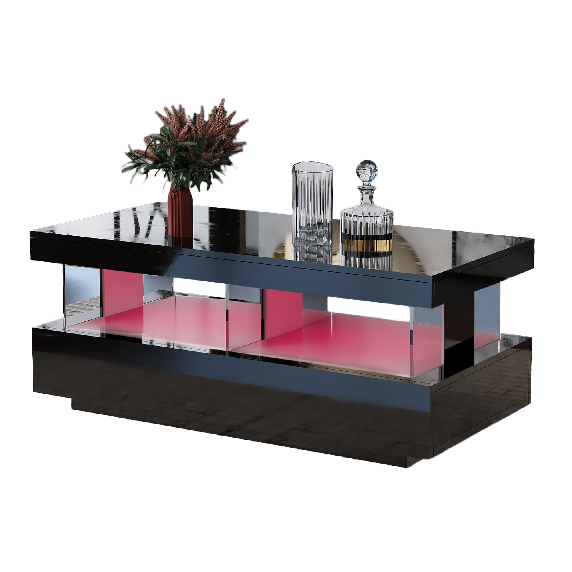Coffee Table High Gloss with 16-Color LED Lights, 2 Drawers, Open Storage, Black