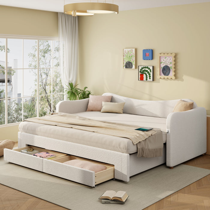 Upholstered Daybed with 2 Drawers, USB Port and Extendable Frame, 90-180x200cm, Beige Bouclé