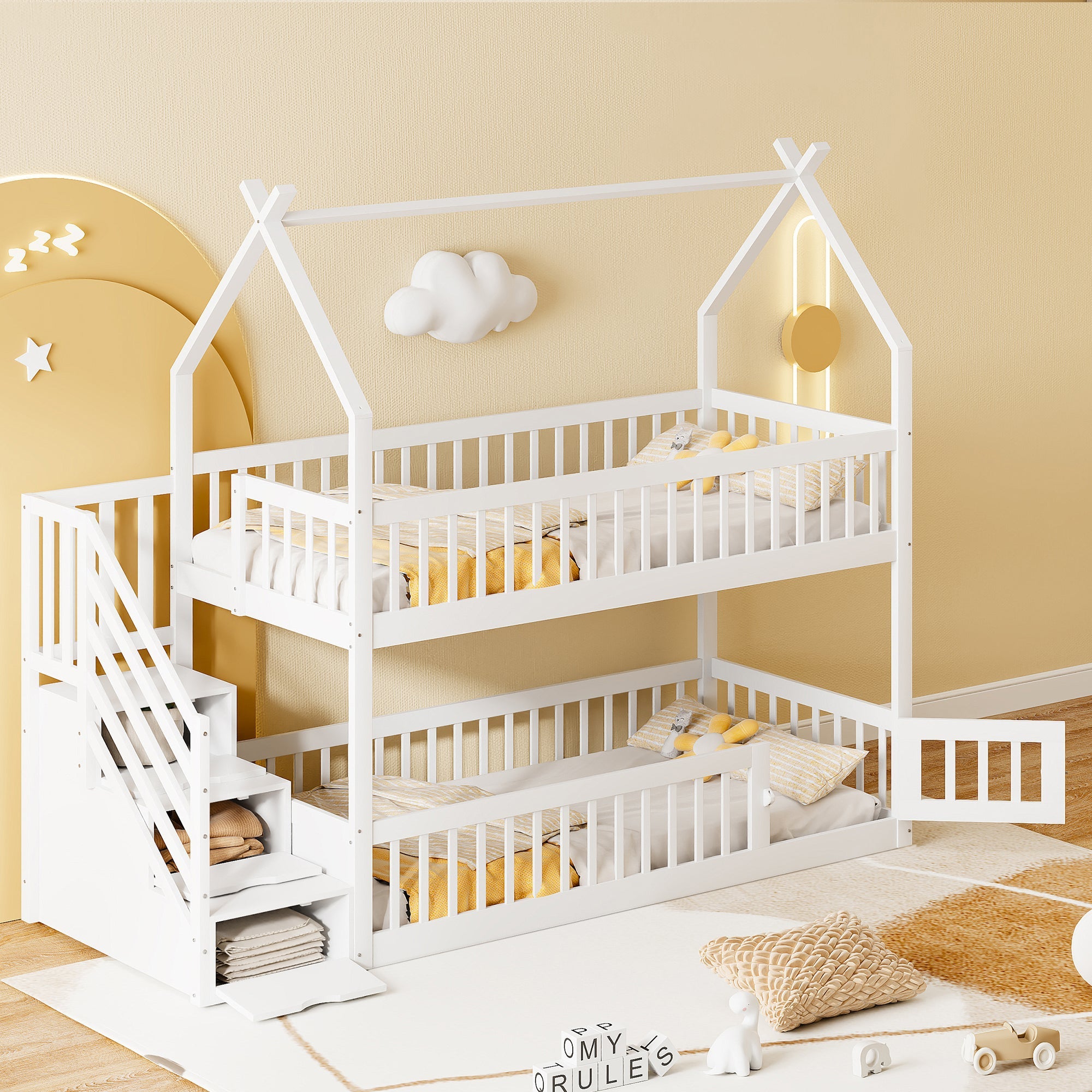 Children's Bunk Bed, 90x200, with Roof, Safety Ladder & Storage Drawers, Solid Wood White