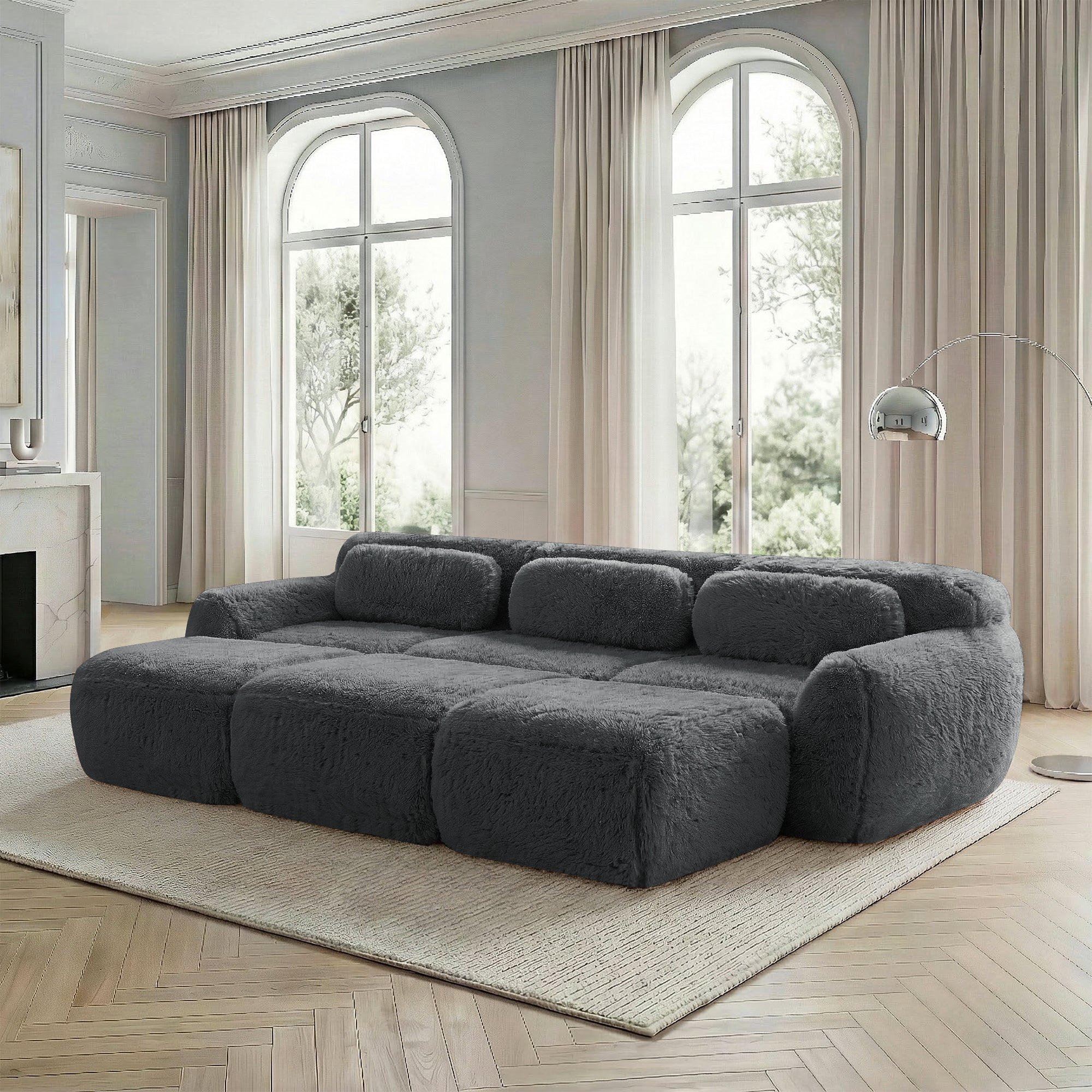Boneless Cloud Modular Sleeper Sofa 3 Ottomans - Grey Plush Fabric