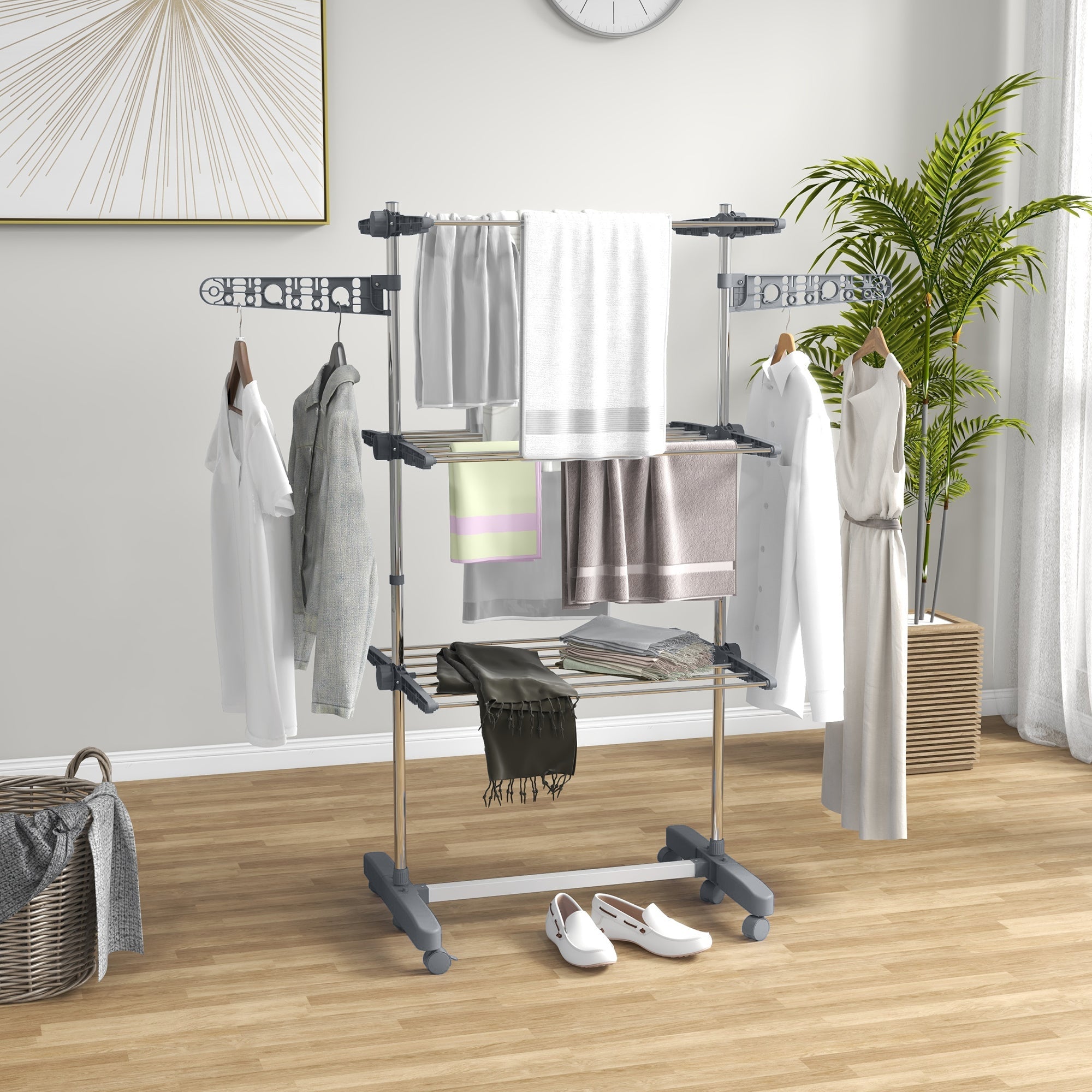Clothes dryer tower, 3 levels foldable with side wings, steel gray