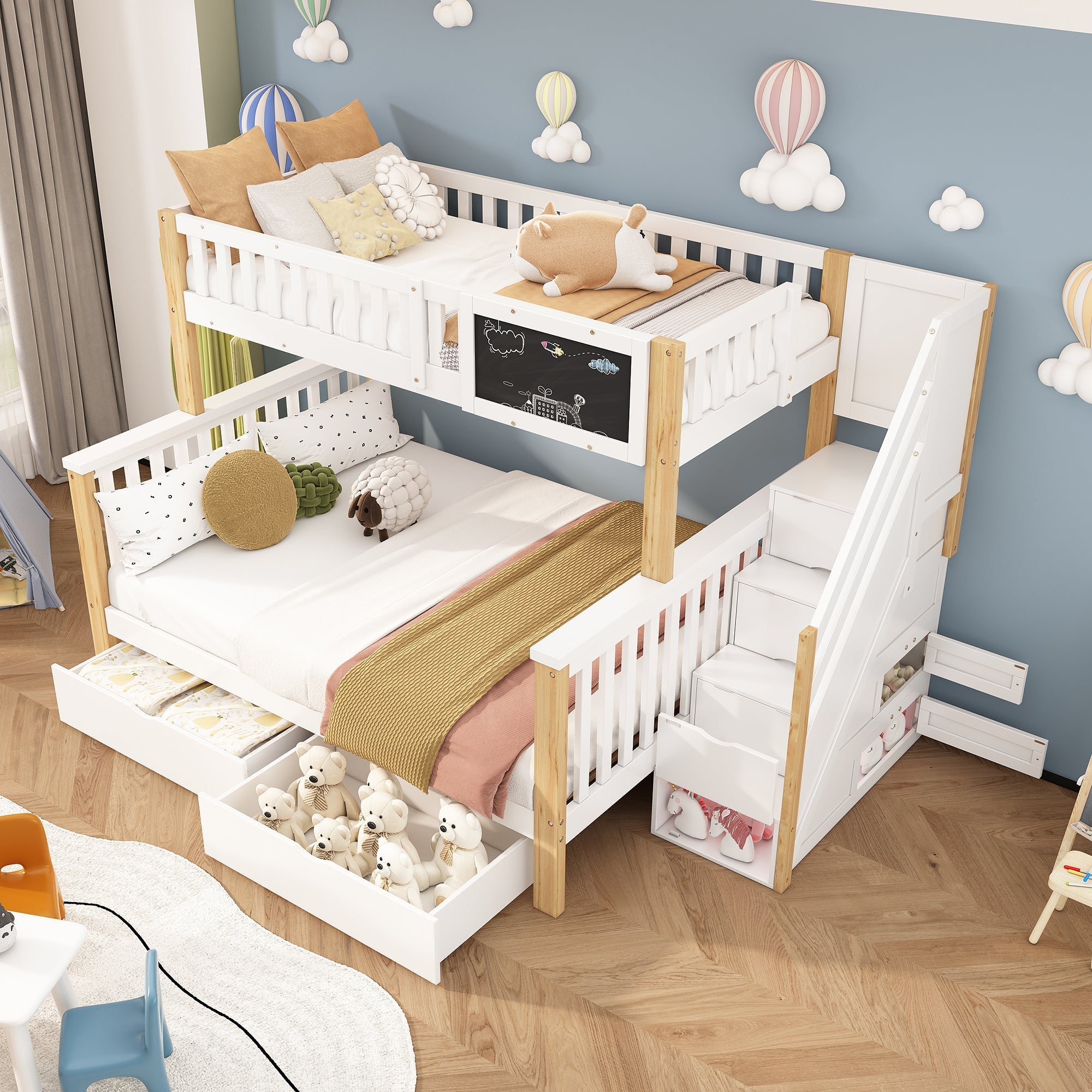 Children's Bunk Bed Multifunctional Chalkboard Drawers 90x200/140x200 - White/Light Oak