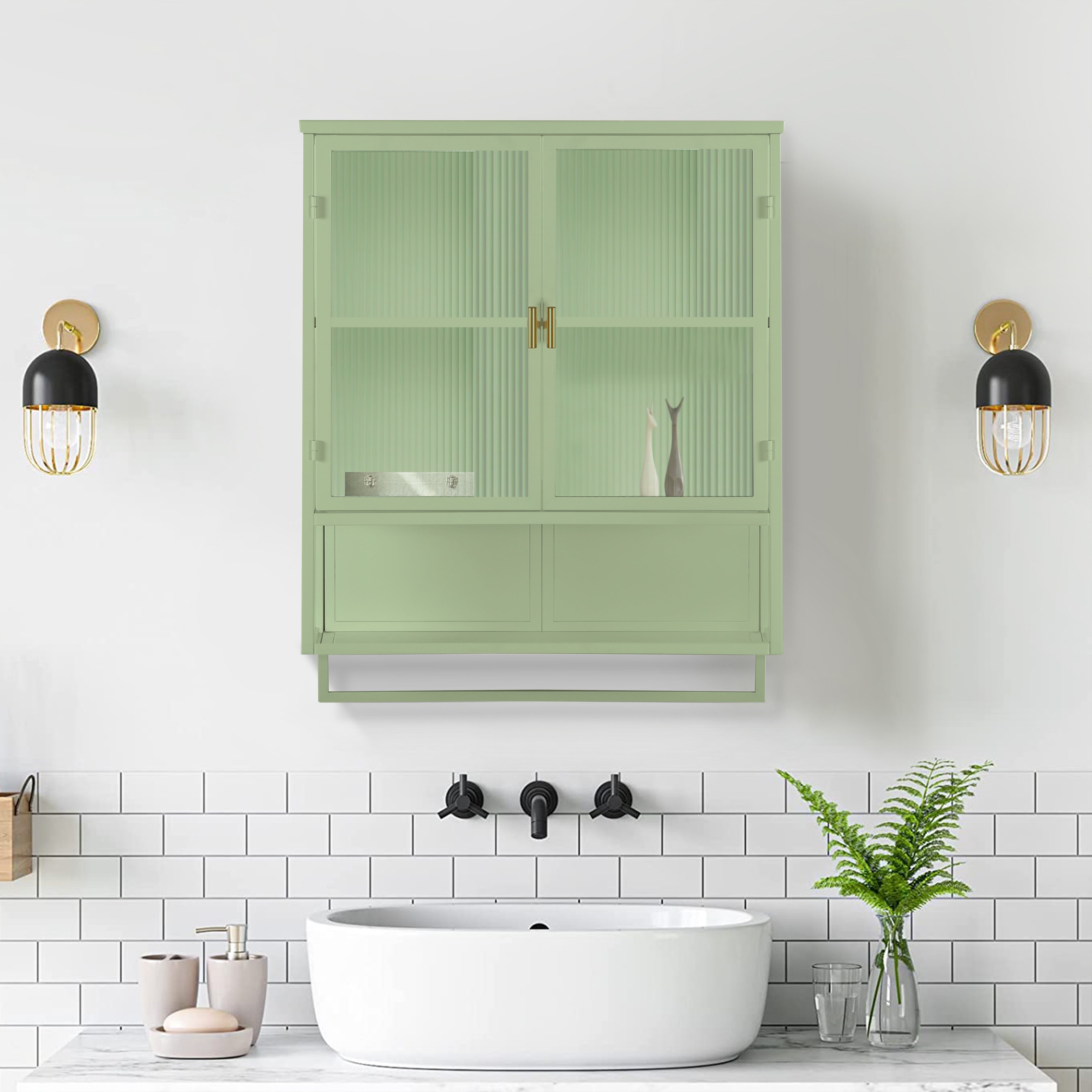 Wall Cabinet 60CM Glass Doors Two-tier Storage with Open Shelf & Towel Rack, Green