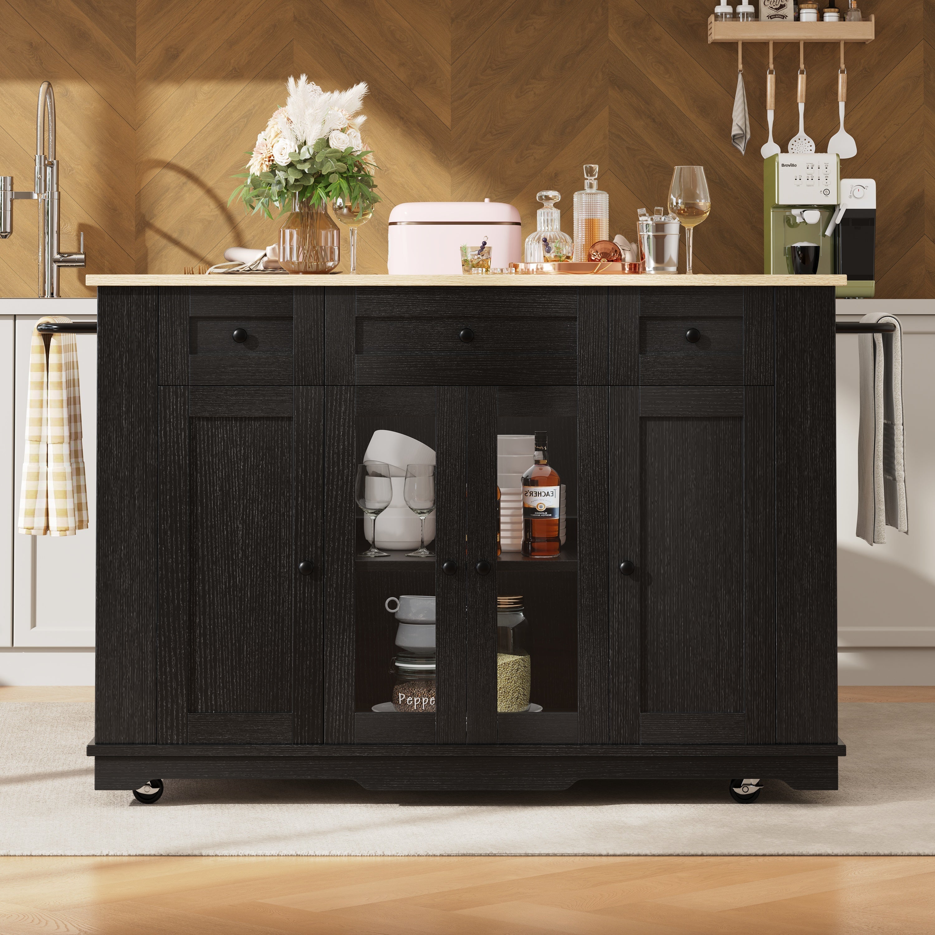 Kitchen Island, 151.5x60x91.7cm Removable Partitions Worktop Tempered Glass Cabinet, White/Black