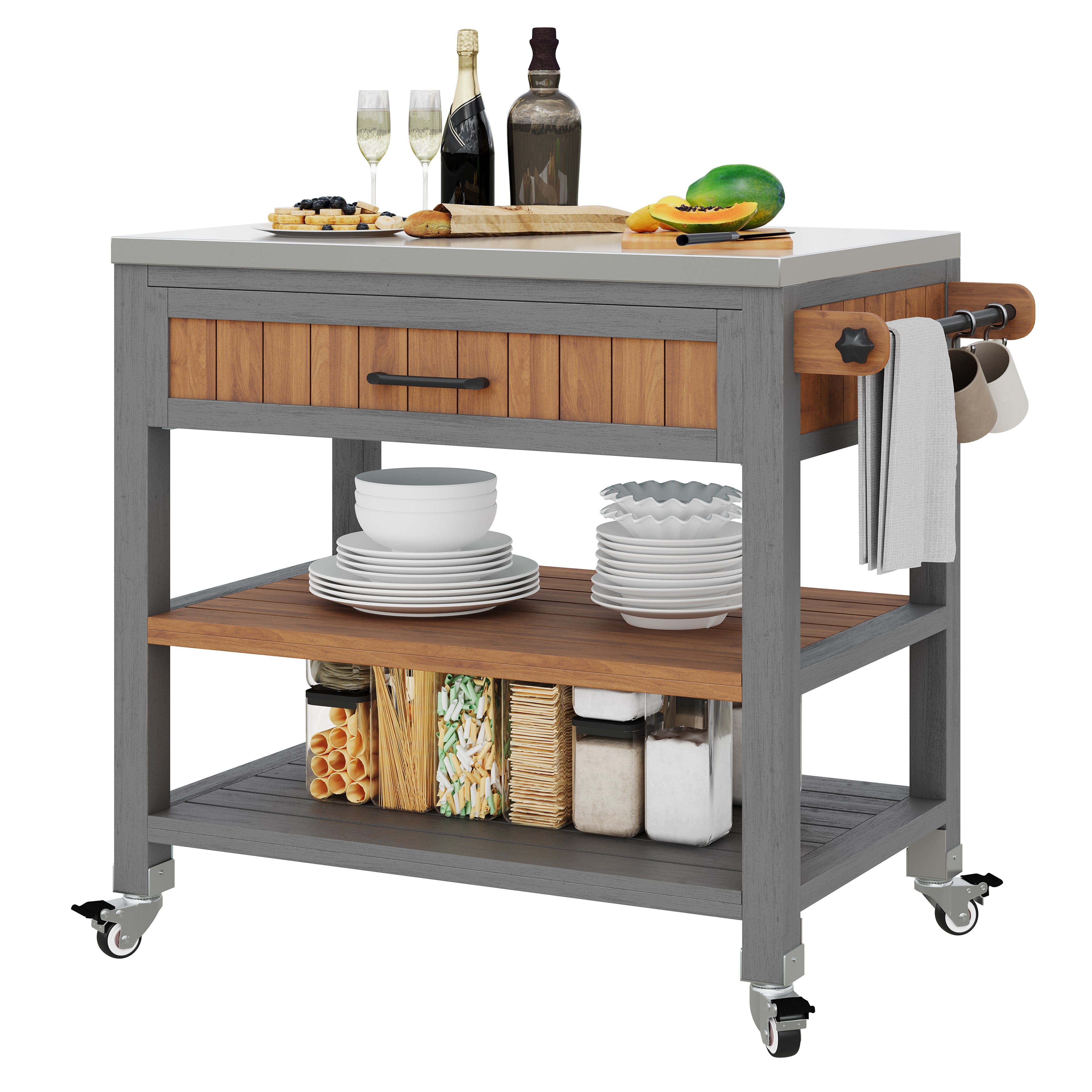 Garden Cabinet with Wheels, Drawer and Towel Rack, Stainless Steel Worktop