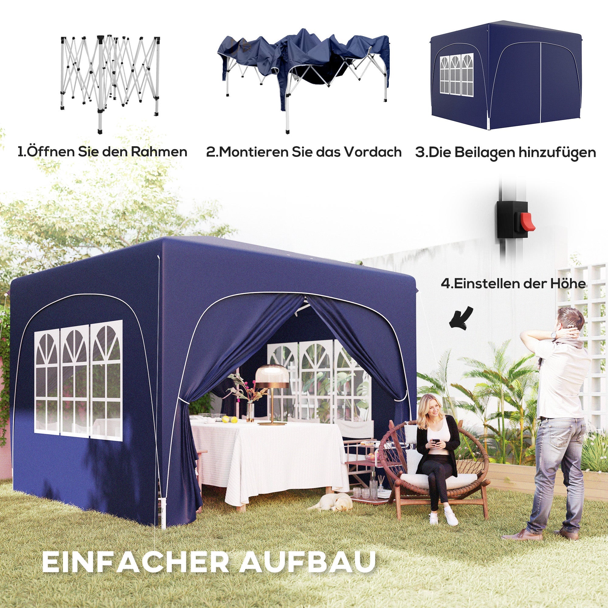 3x3m Gazebo Pop-Up Folding, Water-Repellent, UV 50+, 4 Side Panels, Dark Blue