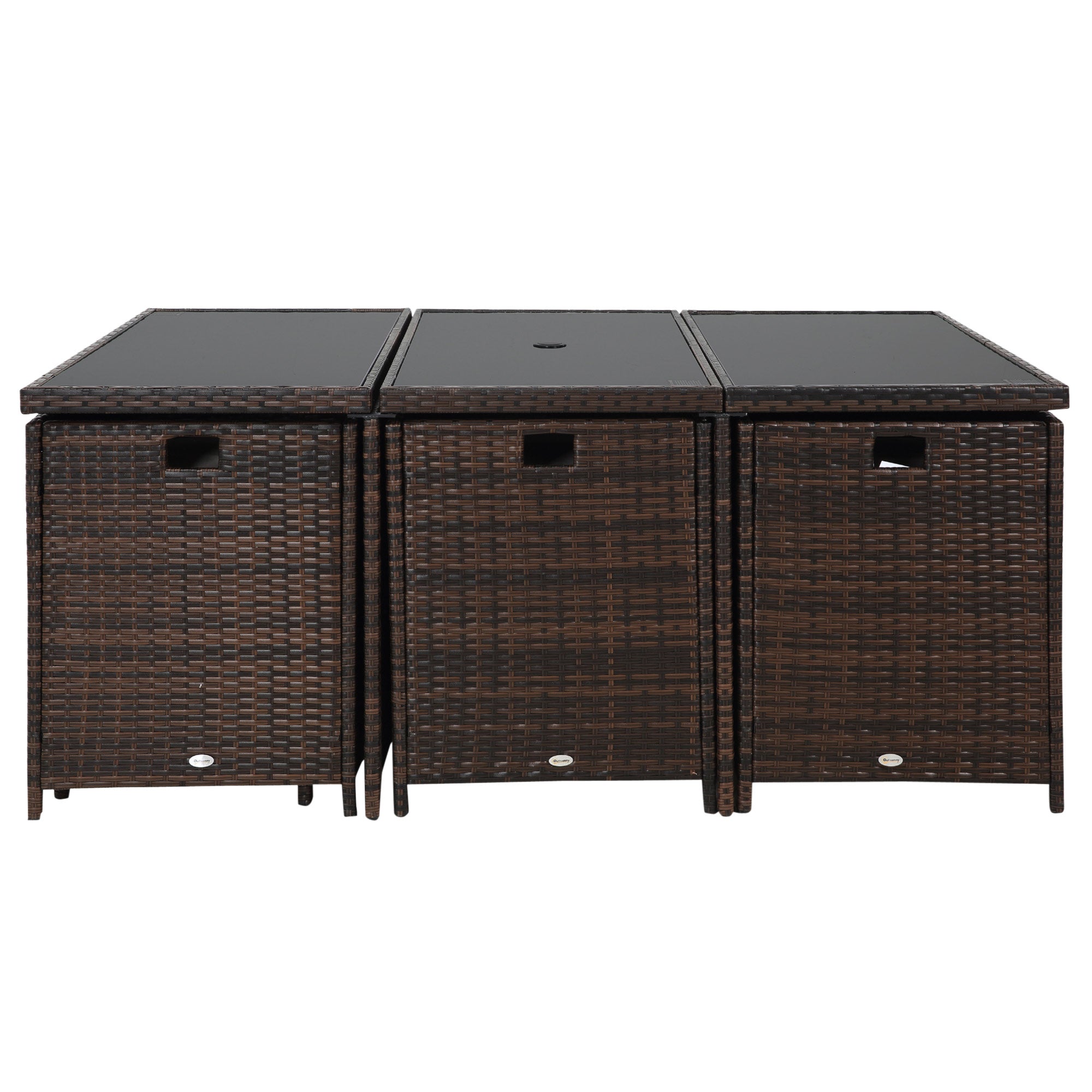 10 Seater Rattan Cube Garden Dining Set w/ Parasol Hole & Cushions, Glass Top, Mixed Brown