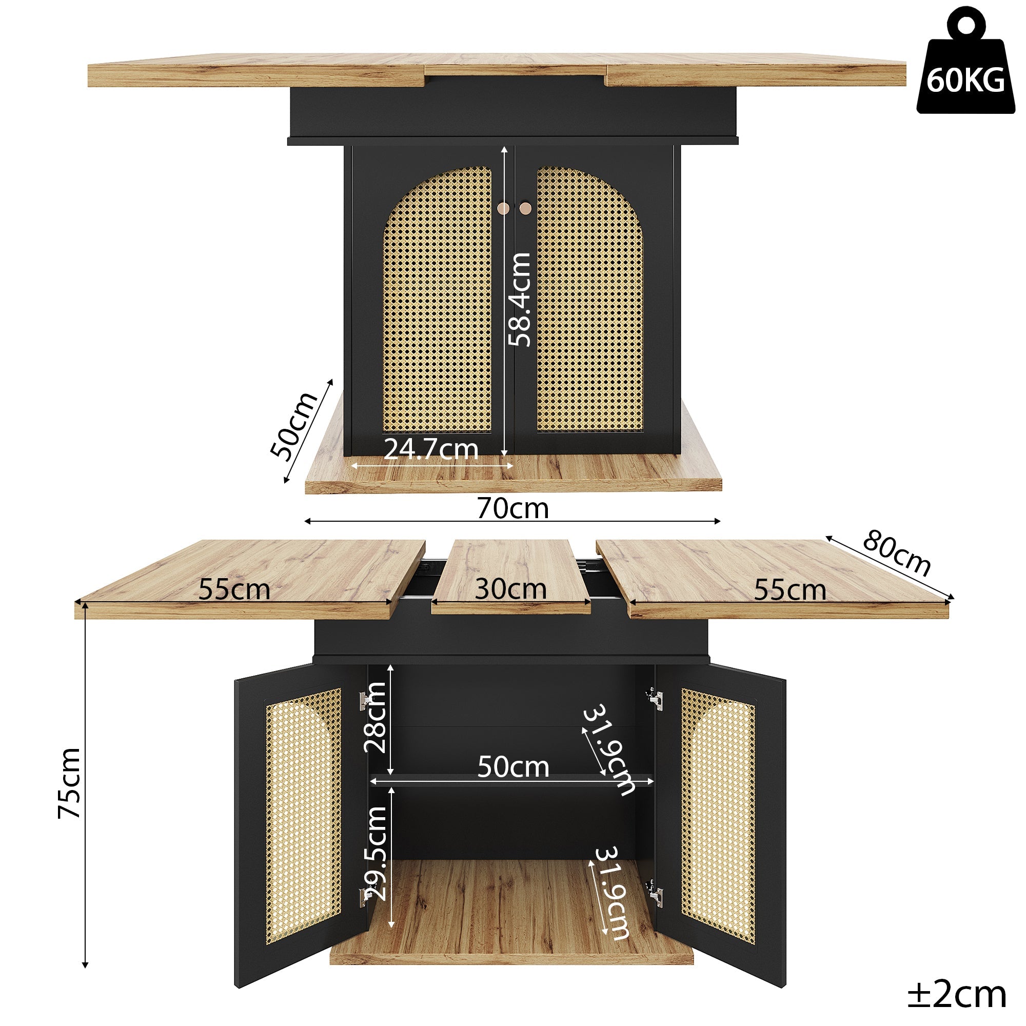 Telescopic Dining Table, Extendable Foldable Space-Saving 4-6 Person, PE Rattan