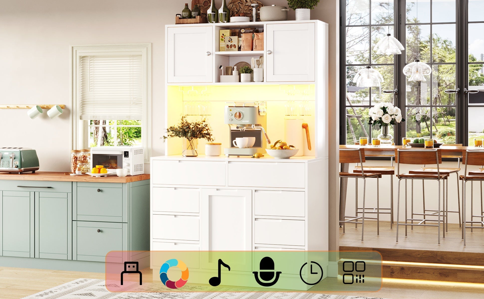 Modern Tall Cabinet Smart LED Lighting 8 Drawers Adjustable Shelves White