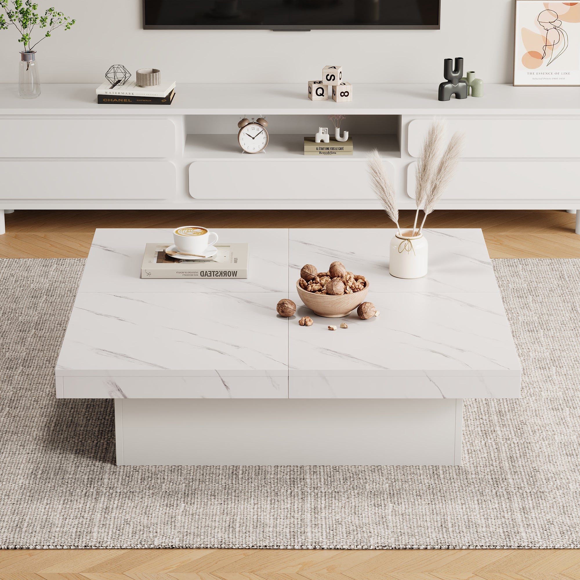Modern white square coffee table, 90 x 90 x 25 cm with four drawers, sliding tabletop, 30 kg load capacity, marble look
