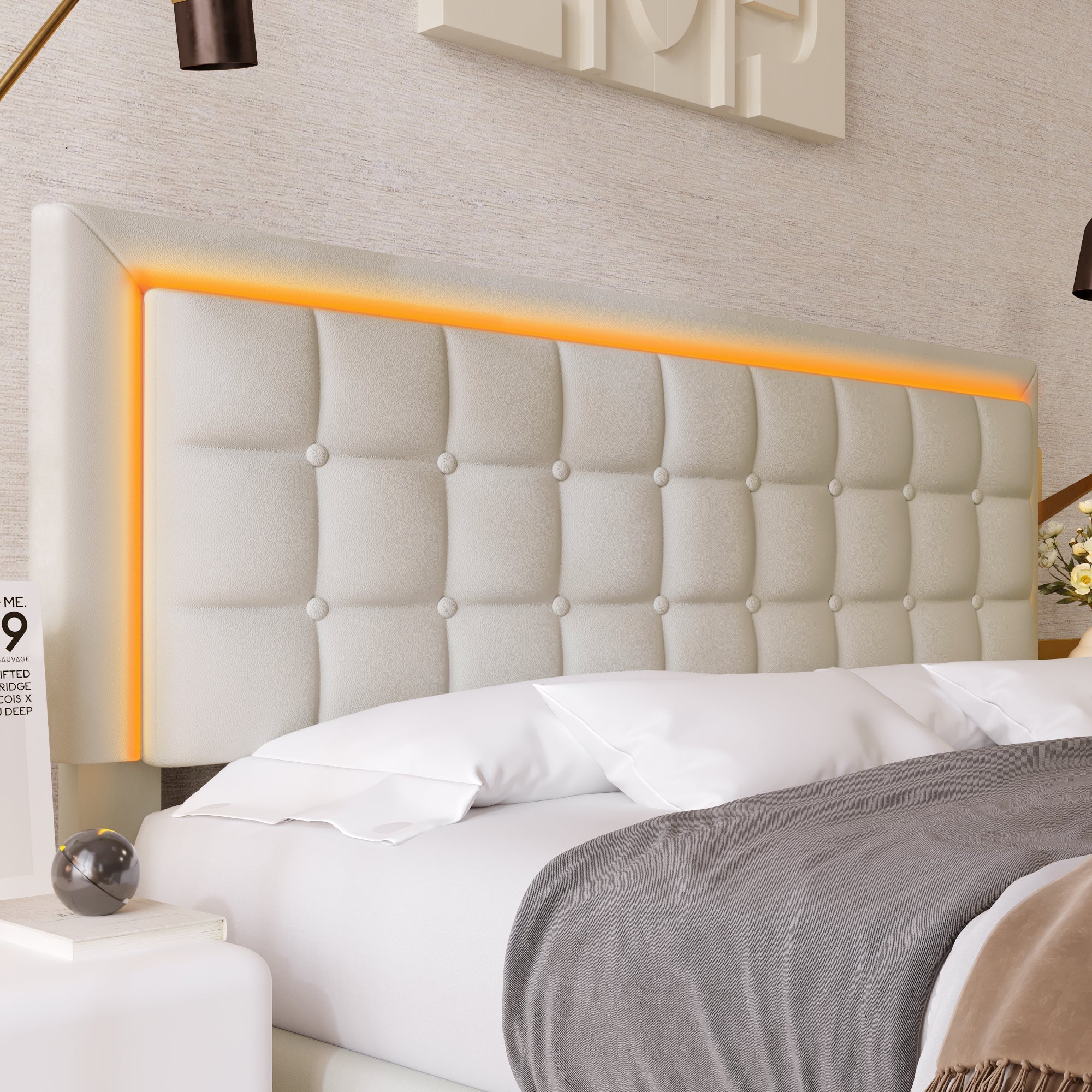 Upholstered Bed, 180x200cm LED Storage Double, White Artificial Leather
