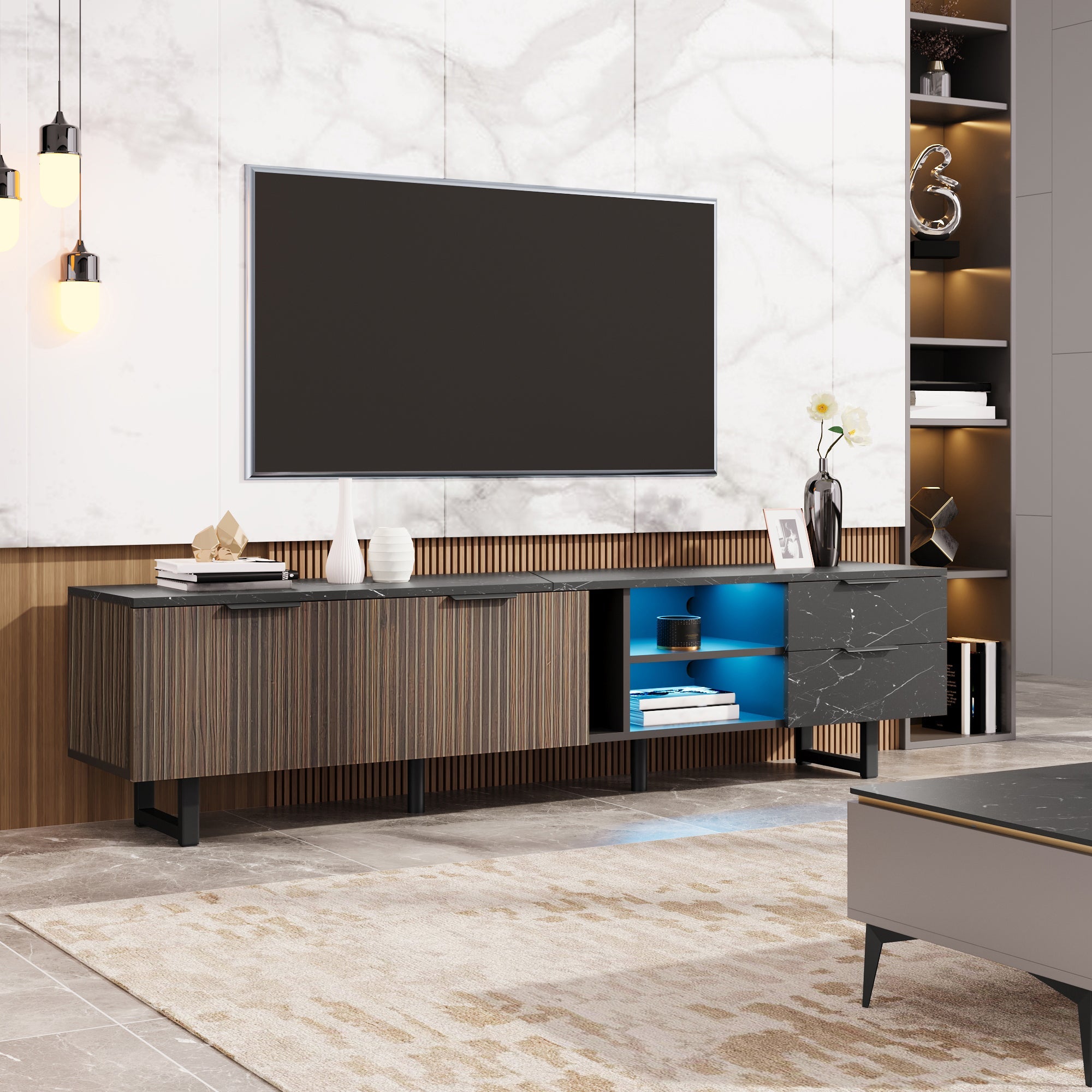 TV Cabinet, 200cm, Adjustable LED, 2 Doors, 2 Drawers, Black Marble & Dark Wood