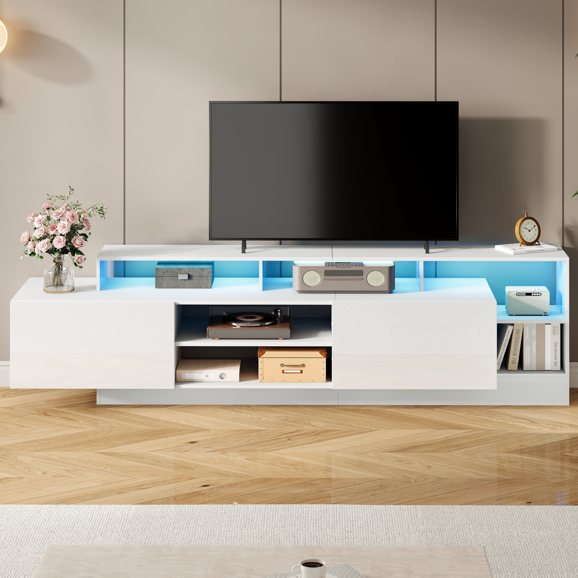Modern TV Lowboard 190cm LED Open Storage for 70" TV - High-Gloss