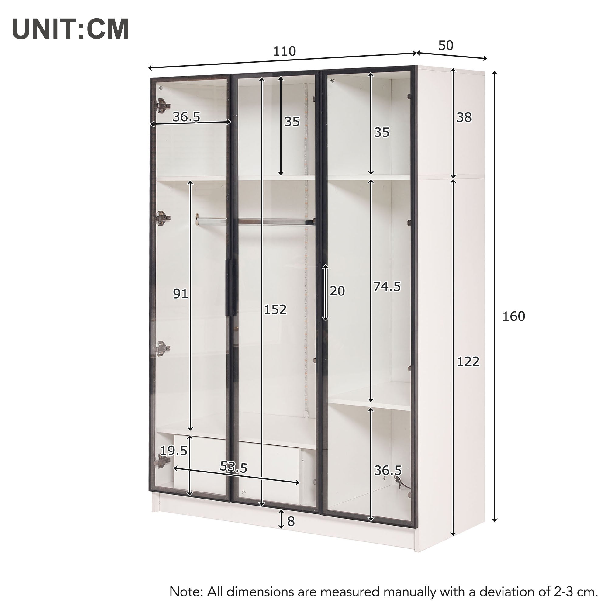 Wardrobe, 3 Glass Doors, 1 Drawer, 1 Clothes Rail, 110x50x160 cm, White with LED Light