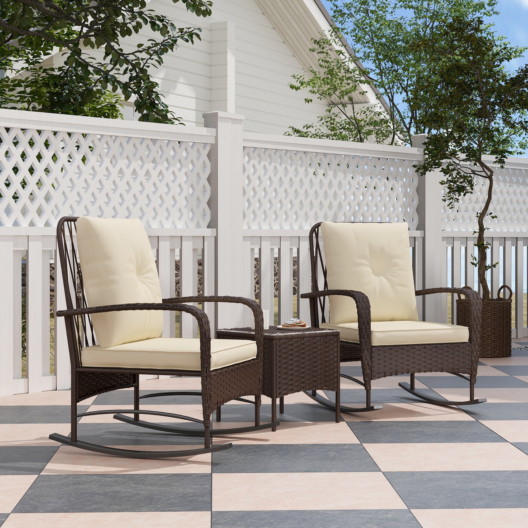 Three-Piece Rocking Chair Bistro Set Rattan Brown