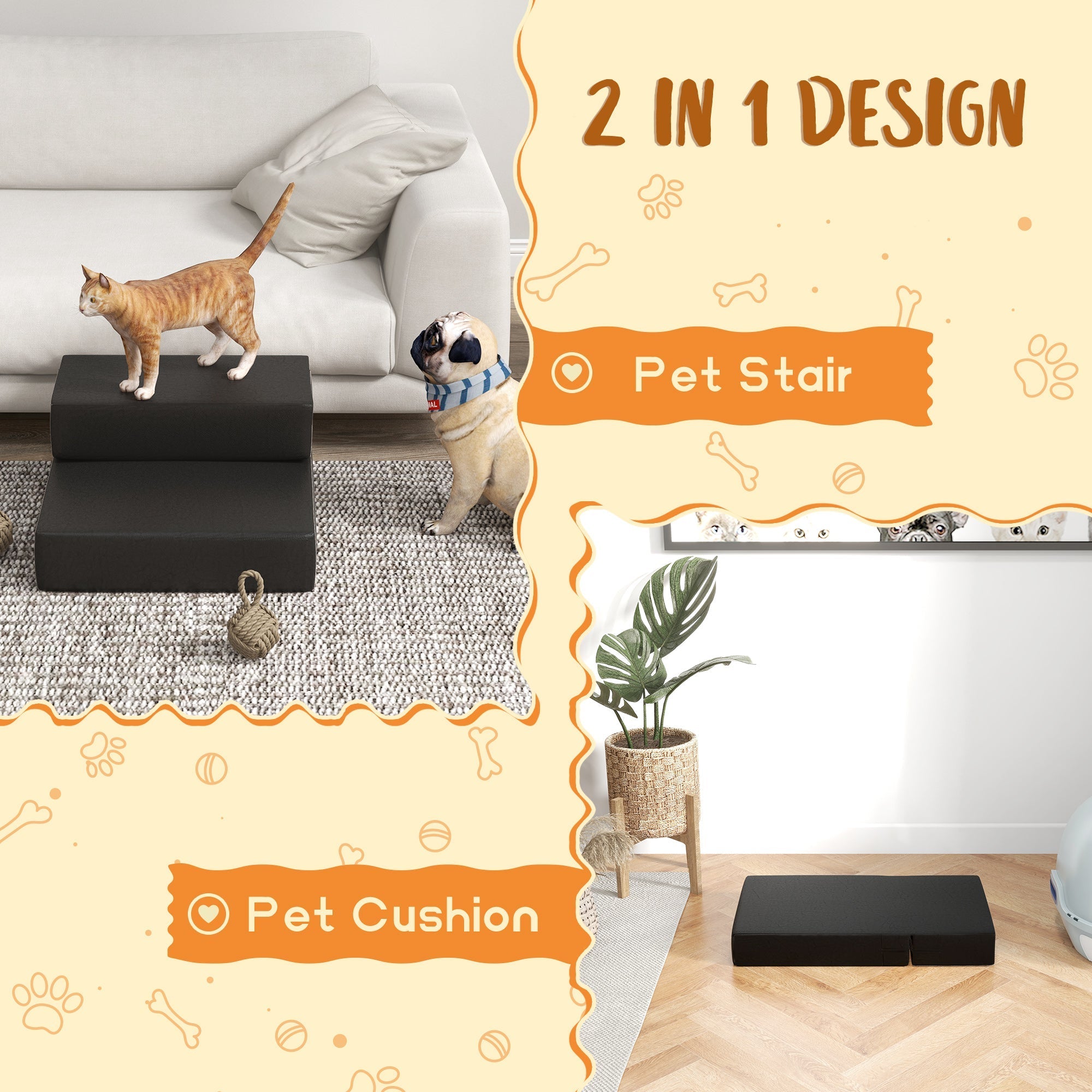 Foldable Pet Stairs 2 Steps, Cats and Dogs, Black