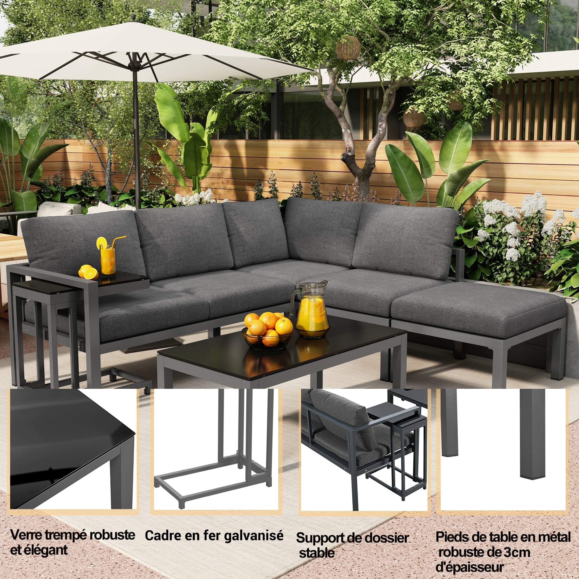 Garden Lounge Set Corner Chairs 4-5 Seater Side & Coffee Table 5-Piece - Grey