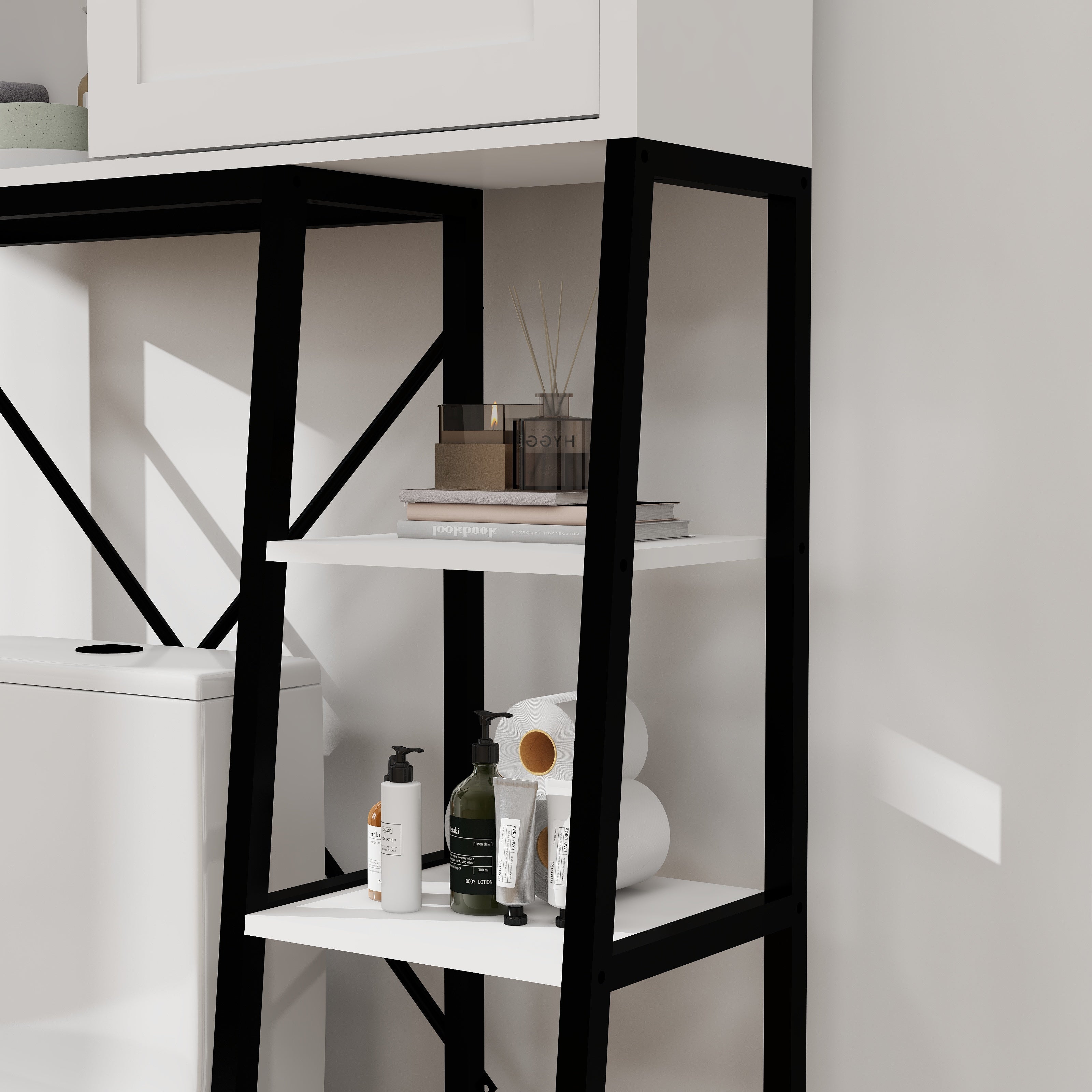 Toilettenschrank mit verschiebbarer Scheunentor & verstellbaren Regalböden – Weiß