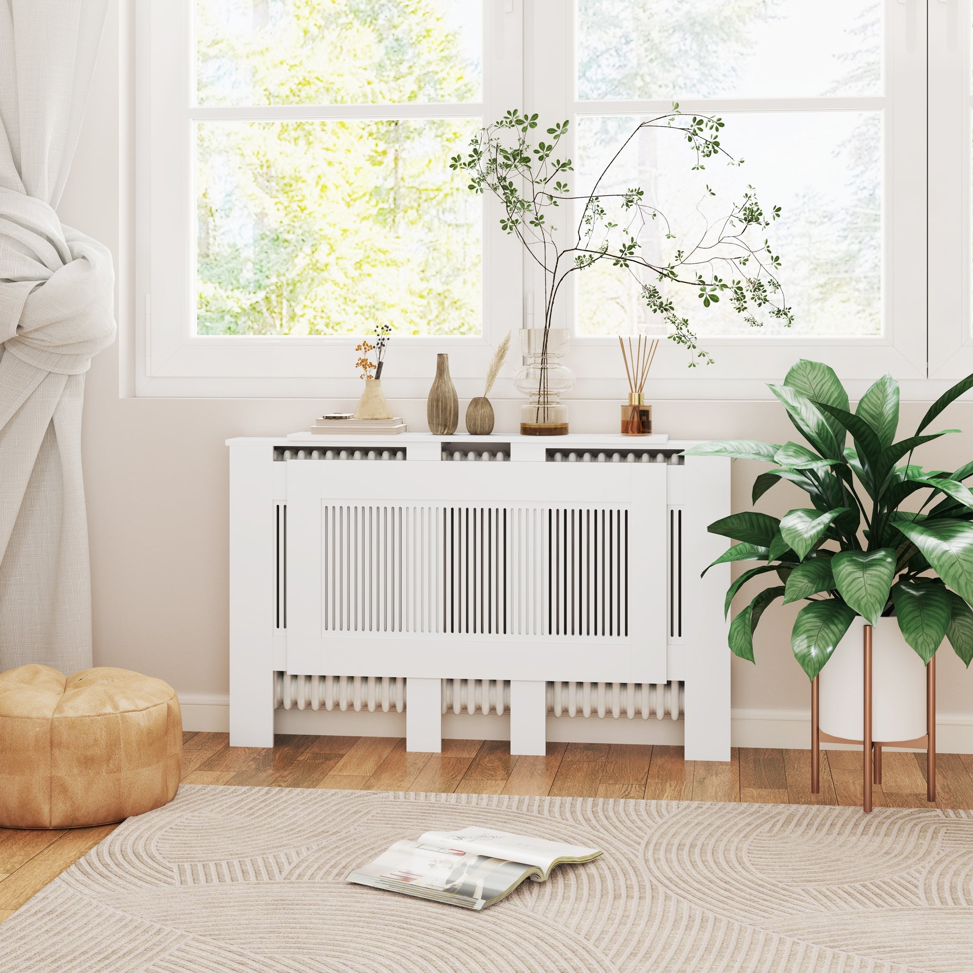 Extendable Radiator Cover with Shelf Slats 125-201 cm, White