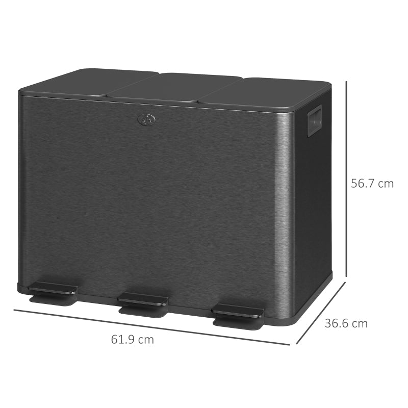 3 x 20L Pedal Bin, Soft Close Triple Kitchen Bin, Black Steel