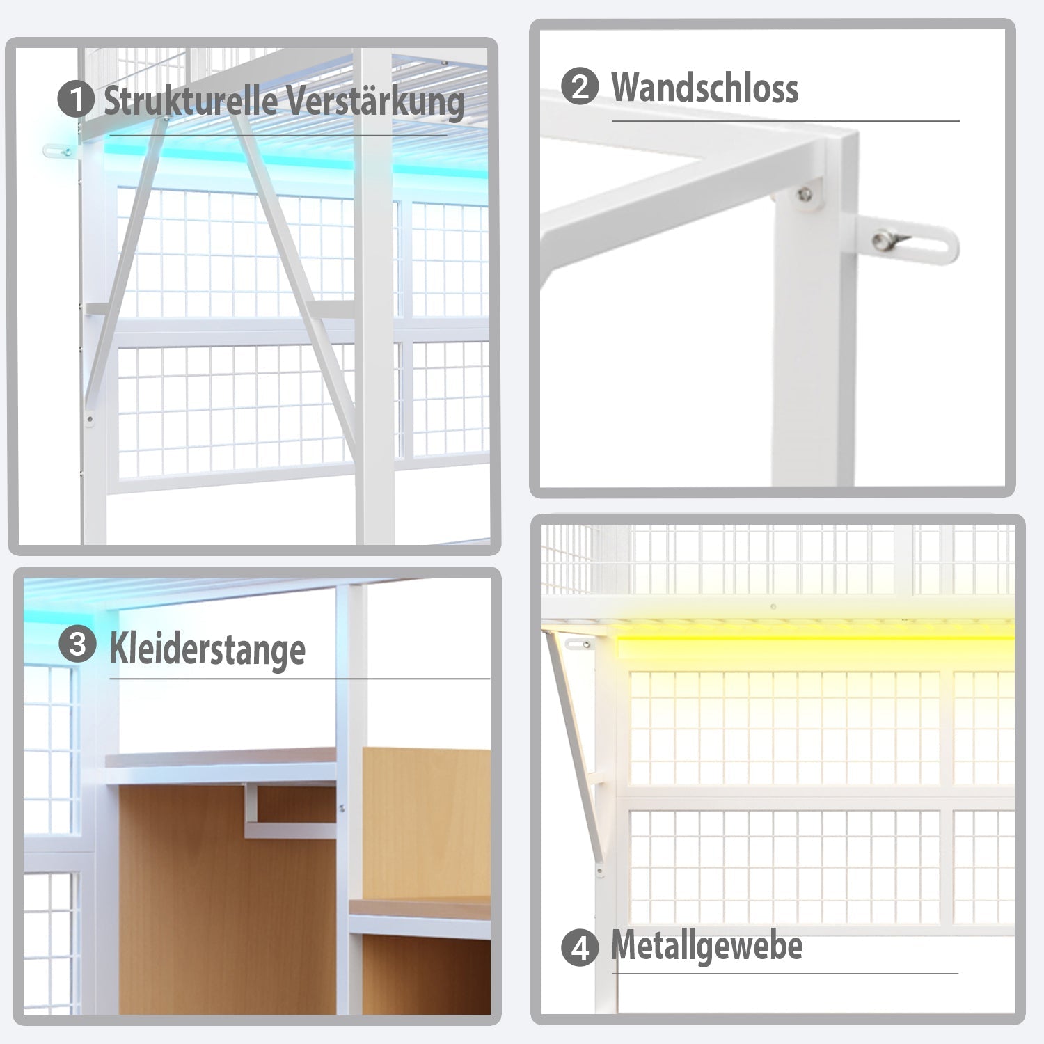 Iron Loft Bed, 90x200 with LED, Storage Stairs, Open Wardrobe, Black and White Metal