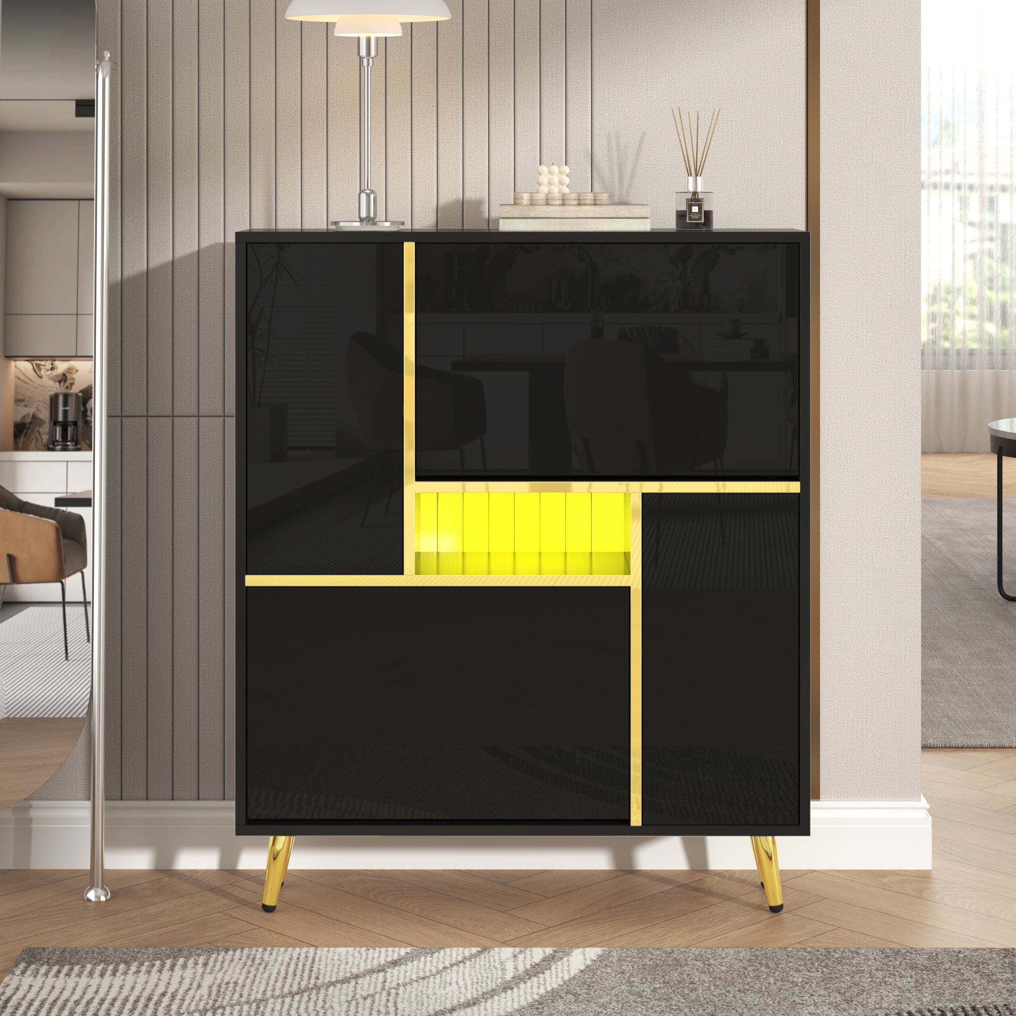 Modern shoe cabinet, high-gloss front, 16-color LED light, black