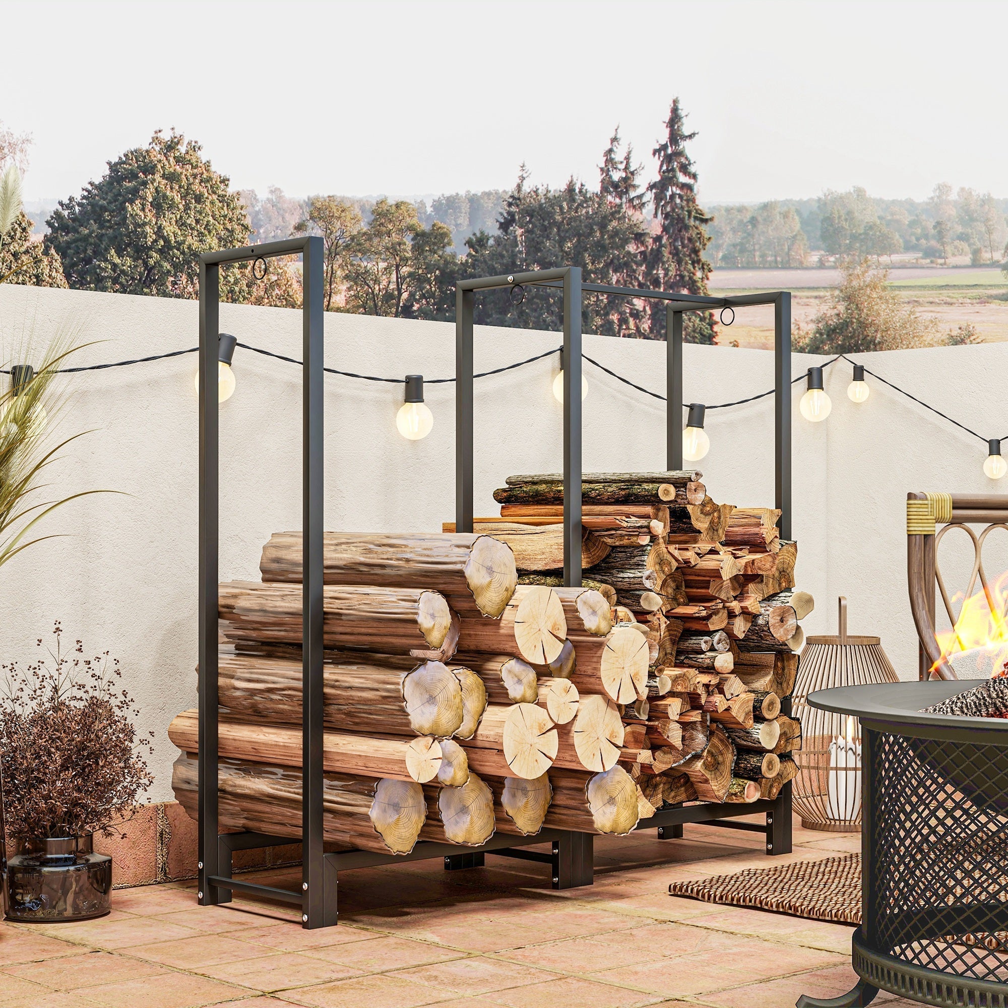 Firewood Rack with Two Sections, Three Hooks, 200 kg Load Capacity, Steel, Black