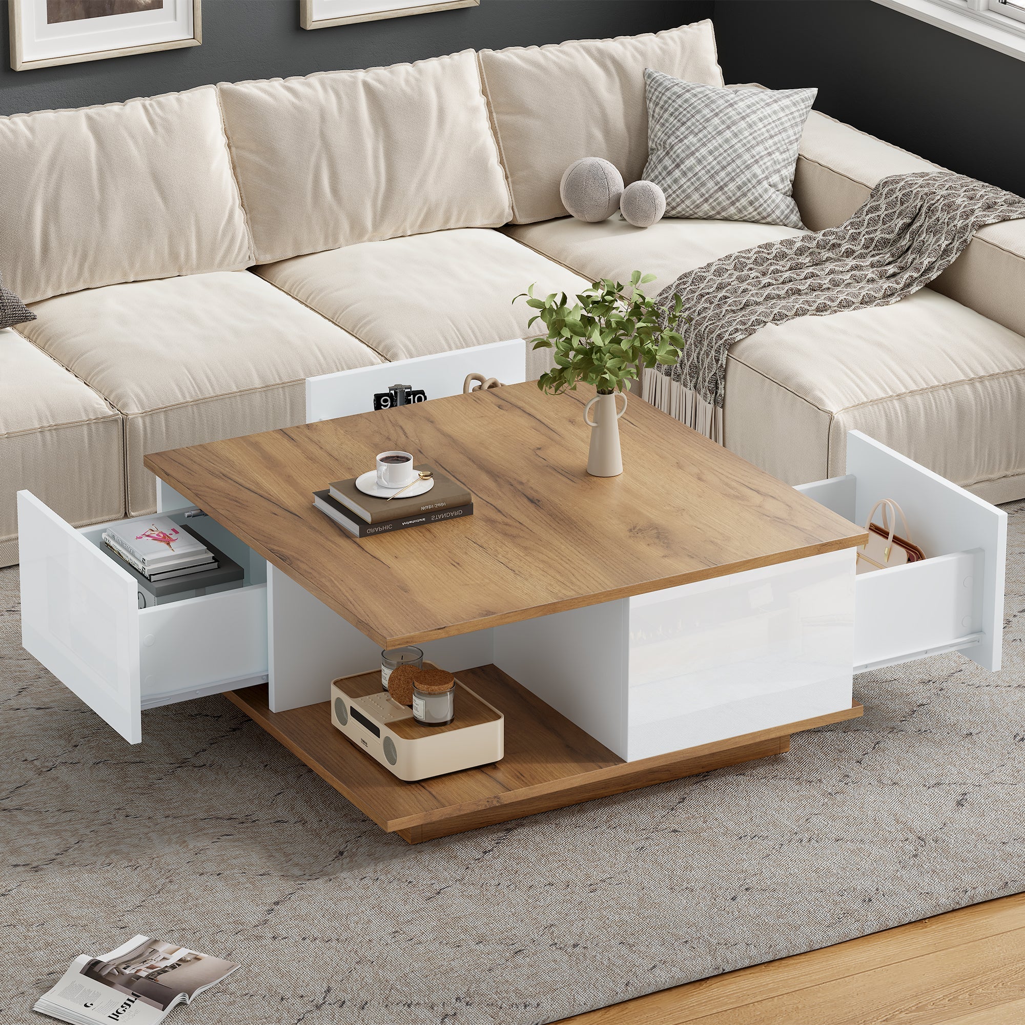 Coffee Table 70x70x31.5cm, 3 Drawers, High-Gloss, White & Original Wood Color